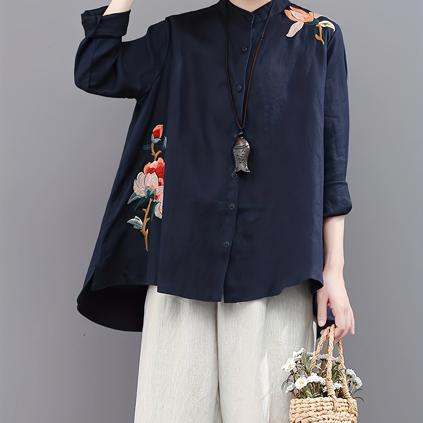 Chinese Retro Embroidered T-Shirt, Long Sleeve Button Up High Neck Casual Top For Spring & Summer, Women's Clothing