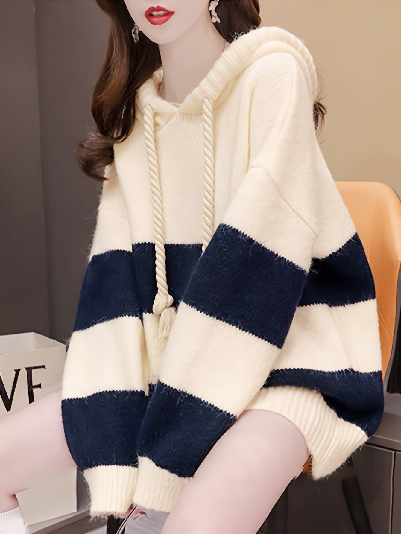 vlovelaw Color Block Drawstring Hooded Sweater, Casual Long Sleeve Oversized Pullover Sweater, Women's Clothing
