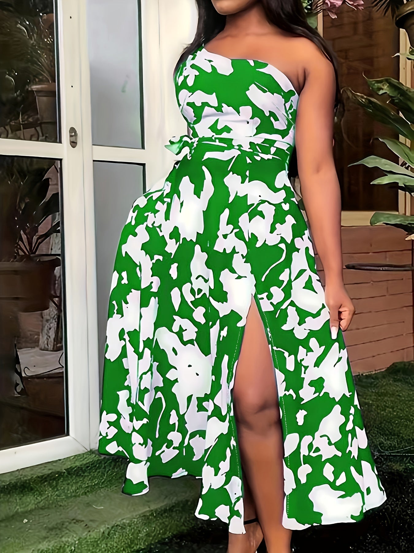 vlovelaw Plus Size Elegant Dress, Women's Plus Geometric Print One Shoulder Split Hem Party Dress