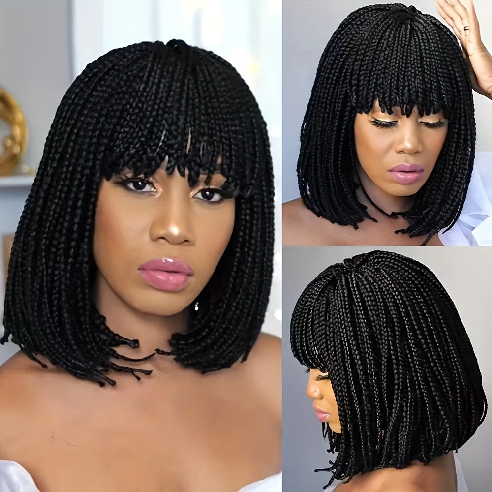 12 Inch Short Box Braid BoBo Wig - Synthetic Hair, Straight Style, Elastic Net Cap, Cornrow Braided Design, Bangs, Basics Style for African Women