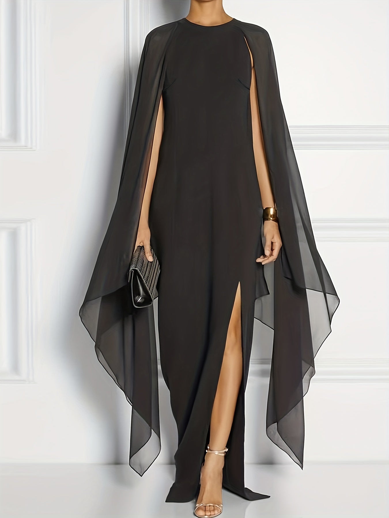 vlovelaw Solid Split Chiffon Sleeveless Evening Dress, Elegant Shawl Spring & Summer Maxi Dress, Women's Clothing