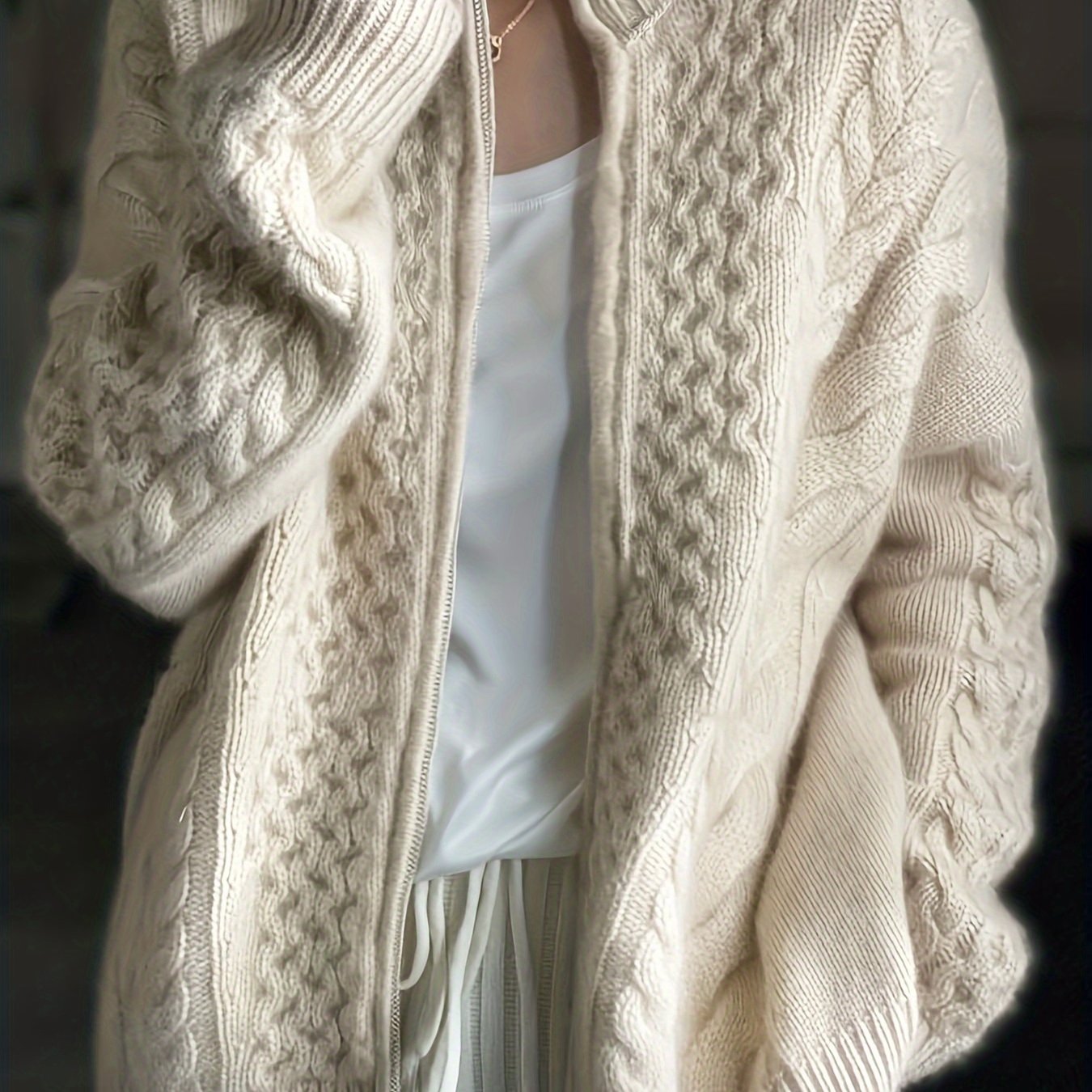 vlovelaw Cable Knit Zip Up Loose Cardigan, Casual Long Sleeve Turtle Neck Sweater Coat, Women's Clothing