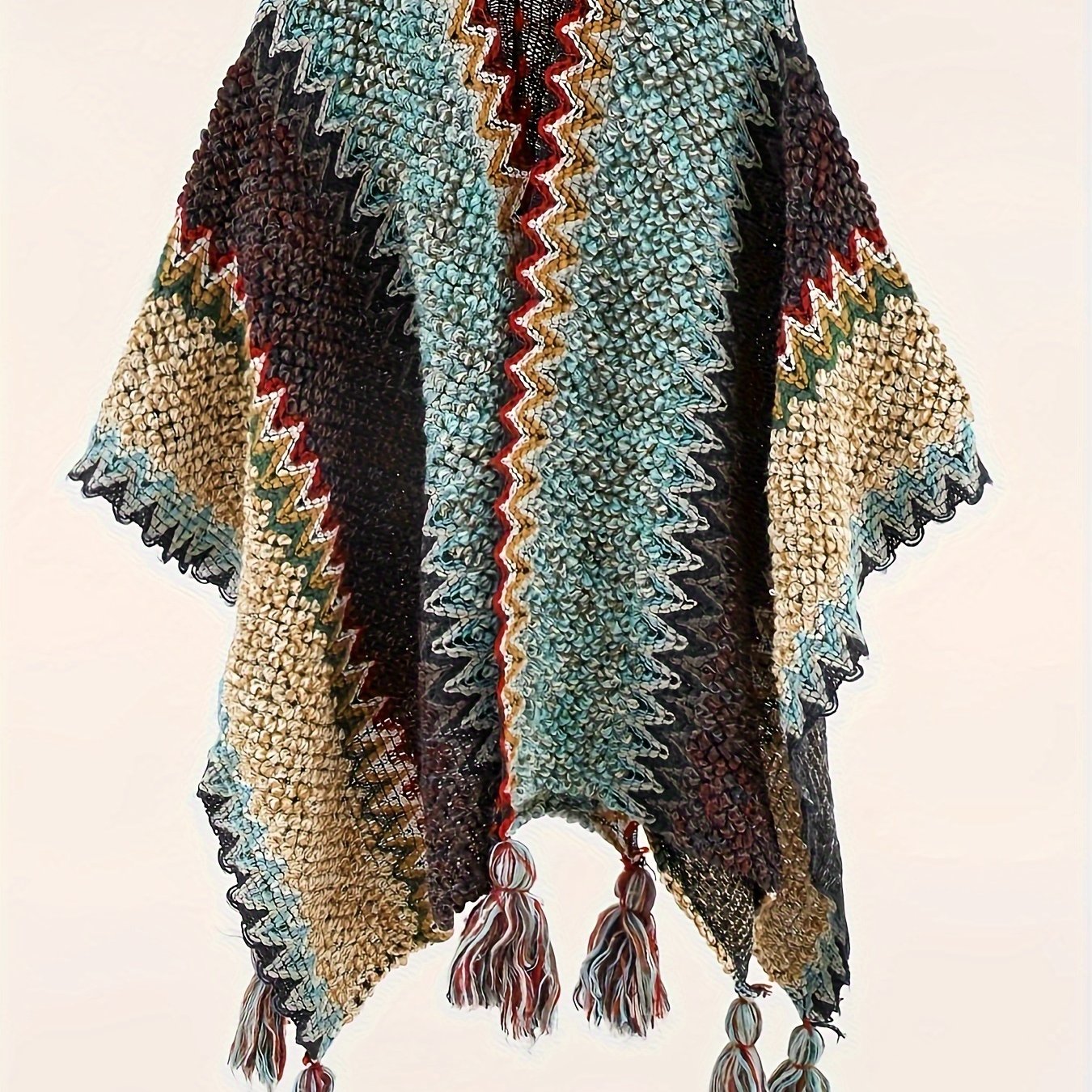 vlovelaw Plus Size Boho Cover Up, Women's Plus Chevron Pattern Tassel Decor Open Front Cape Shawl