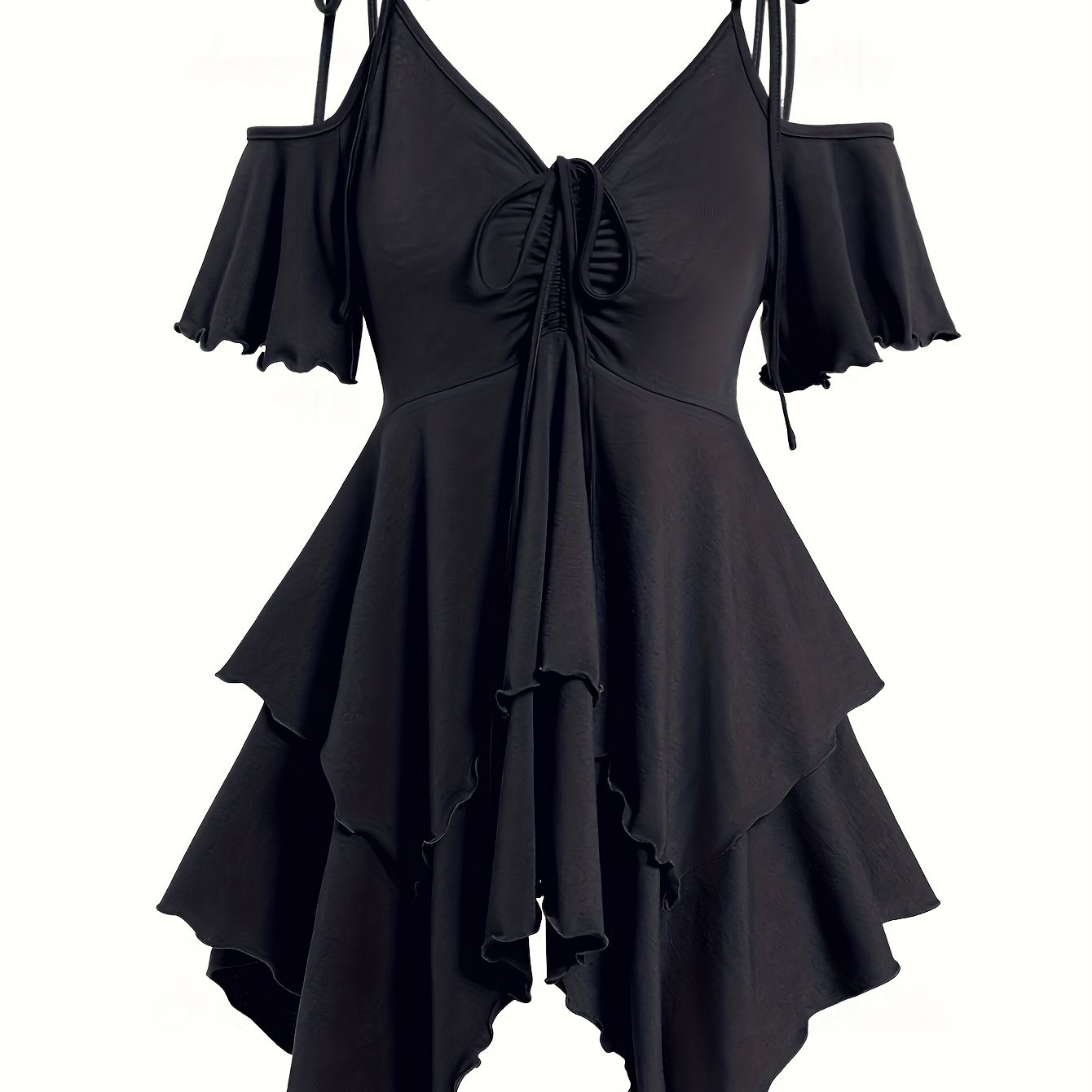 vlovelaw Solid V Neck Cold Shoulder Drawstring T-shirt, Casual Asymmetrical Hem T-shirt For Summer, Women's Clothing