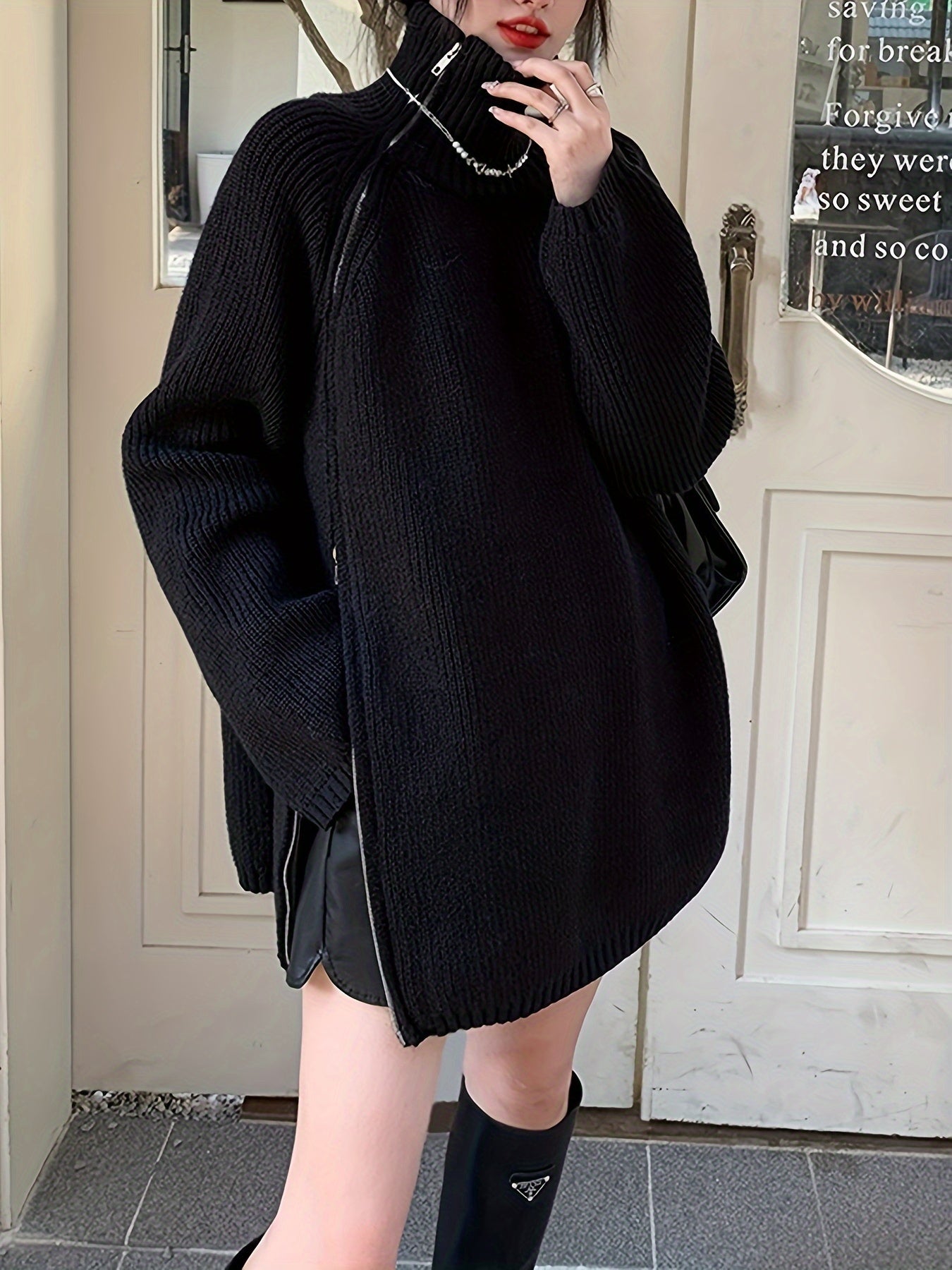 vlovelaw Solid Zip Up Oversized Pullover Sweater, Casual Turtle Neck Long Sleeve Sweater, Women's Clothing