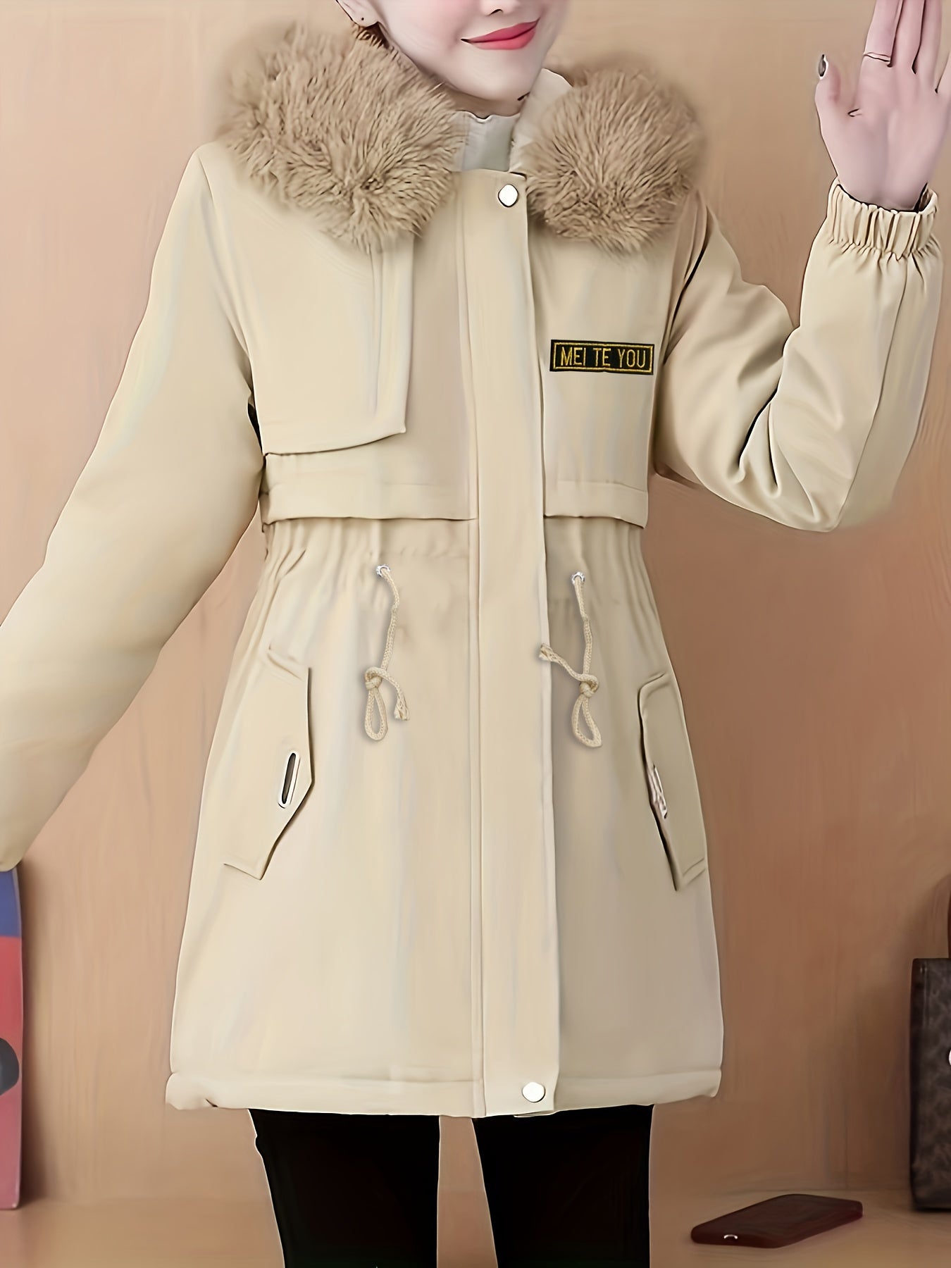 vlovelaw Fluffy Trim Zip Up Coat, Casual Solid Long Sleeve Winter Outerwear, Women's Clothing