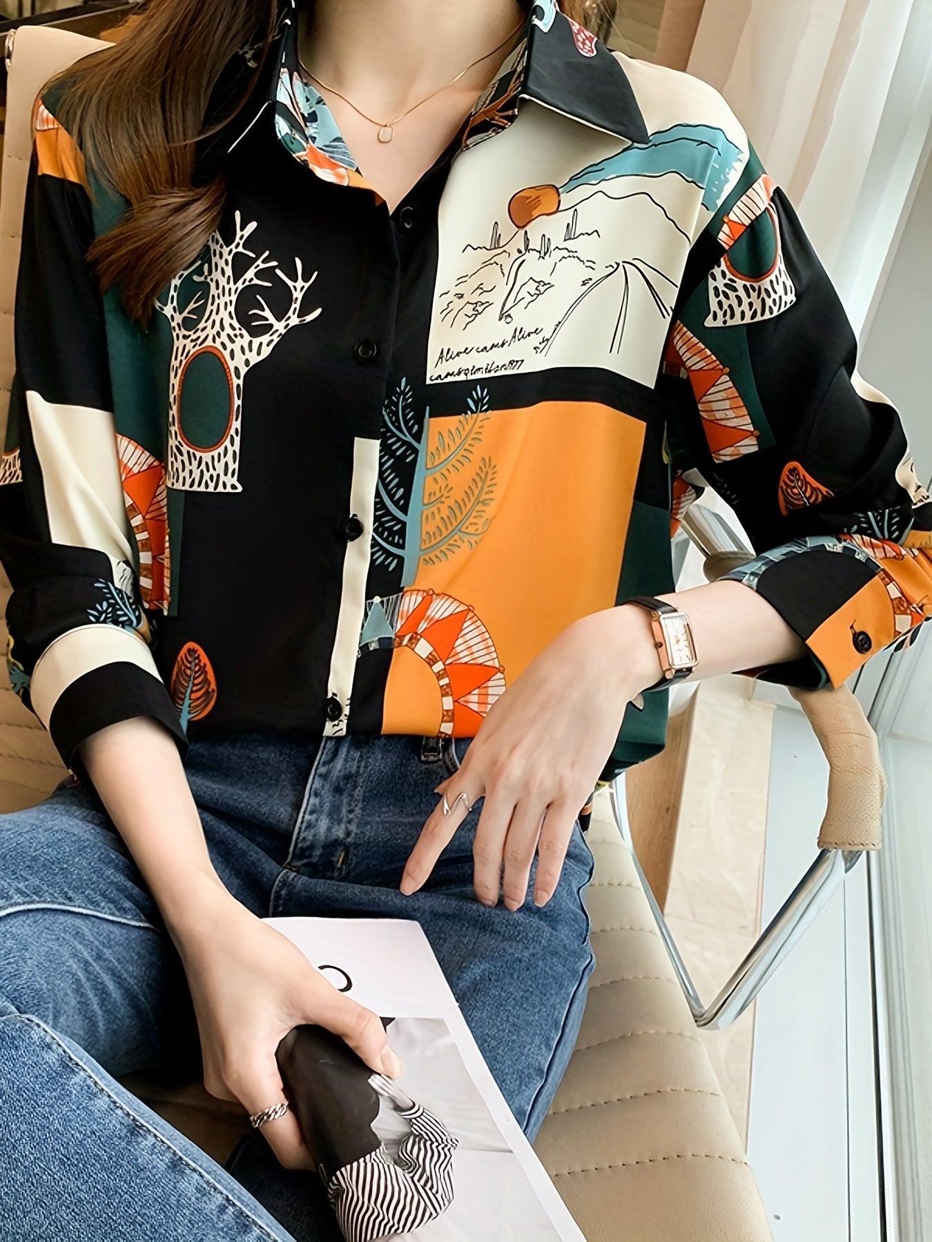 vlovelaw Color Block Button Front Shirt, Elegant Turn Down Collar Long Sleeve Shirt, Women's Clothing