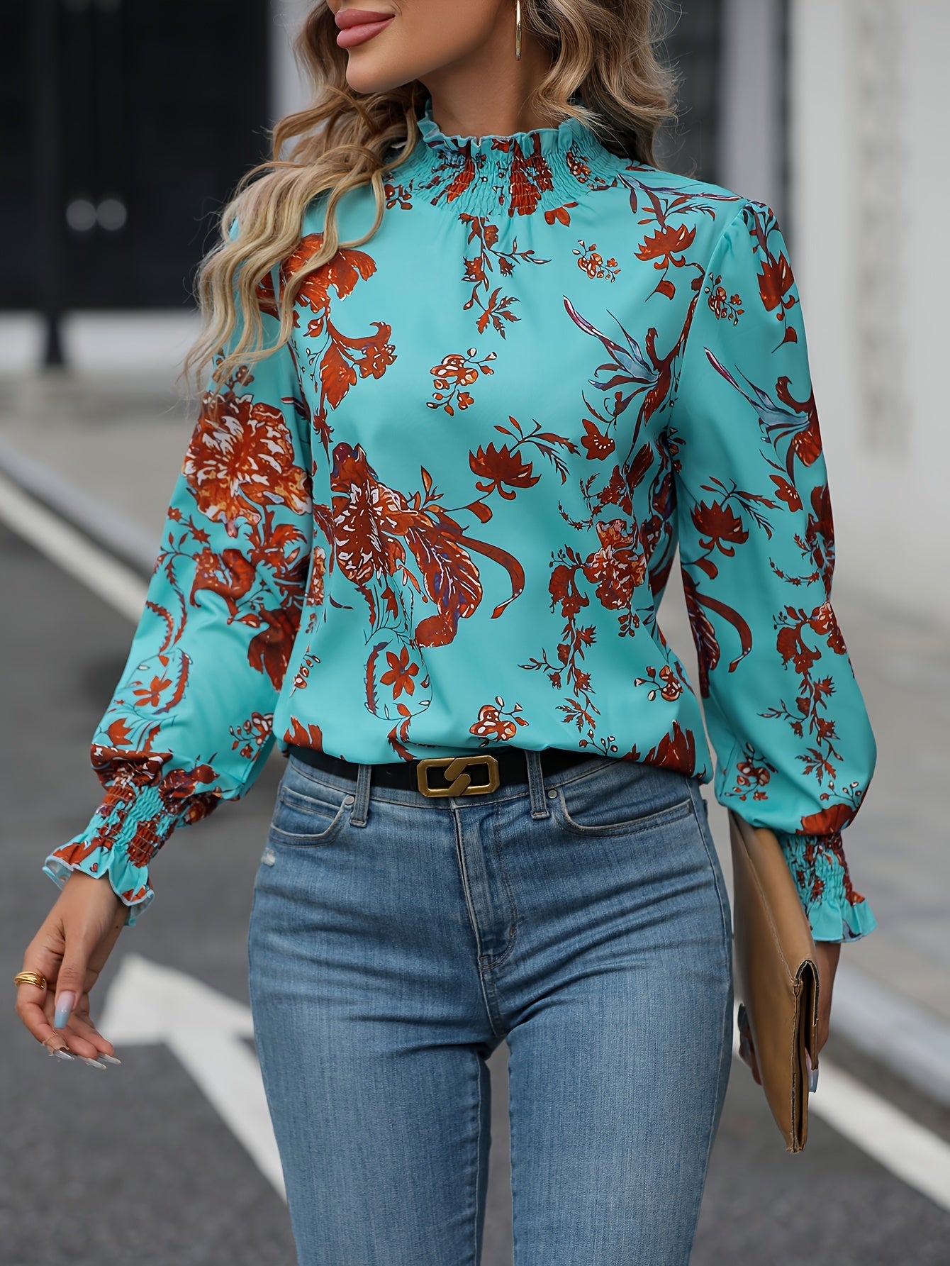 Floral Print Mock Neck Blouse, Elegant Long Sleeve Blouse, Women's Clothing