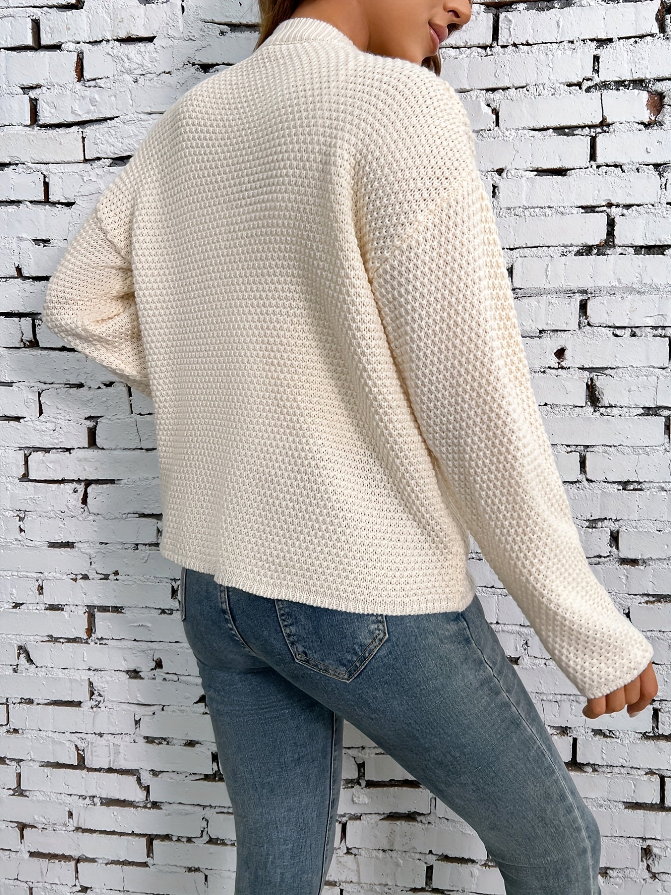 vlovelaw Solid Quarter Button Knit Sweater, Casual Long Sleeve Loose Sweater, Women's Clothing
