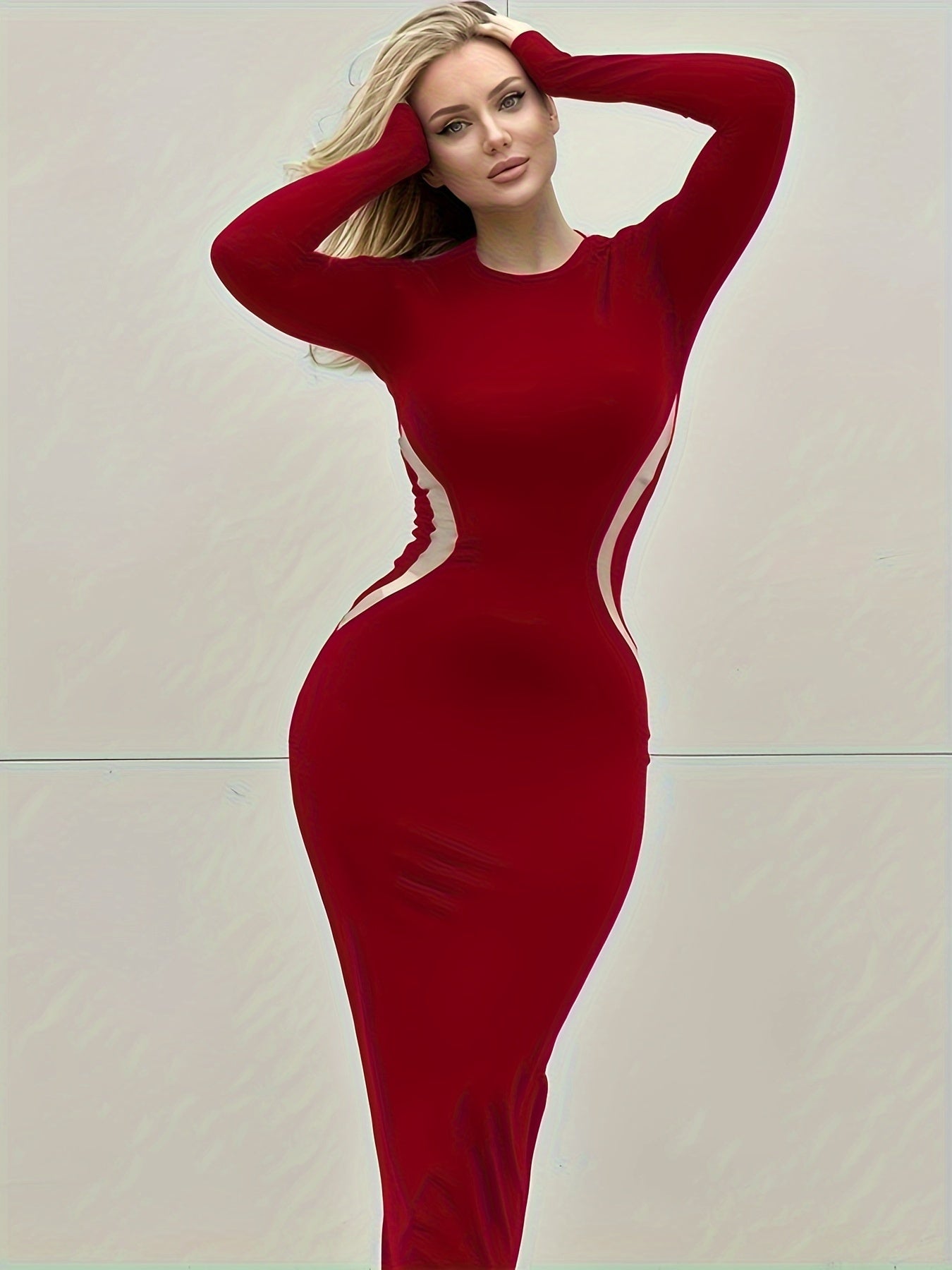 Simple Bodycon Dress, Casual Crew Neck Long Sleeve Maxi Dress, Women's Clothing