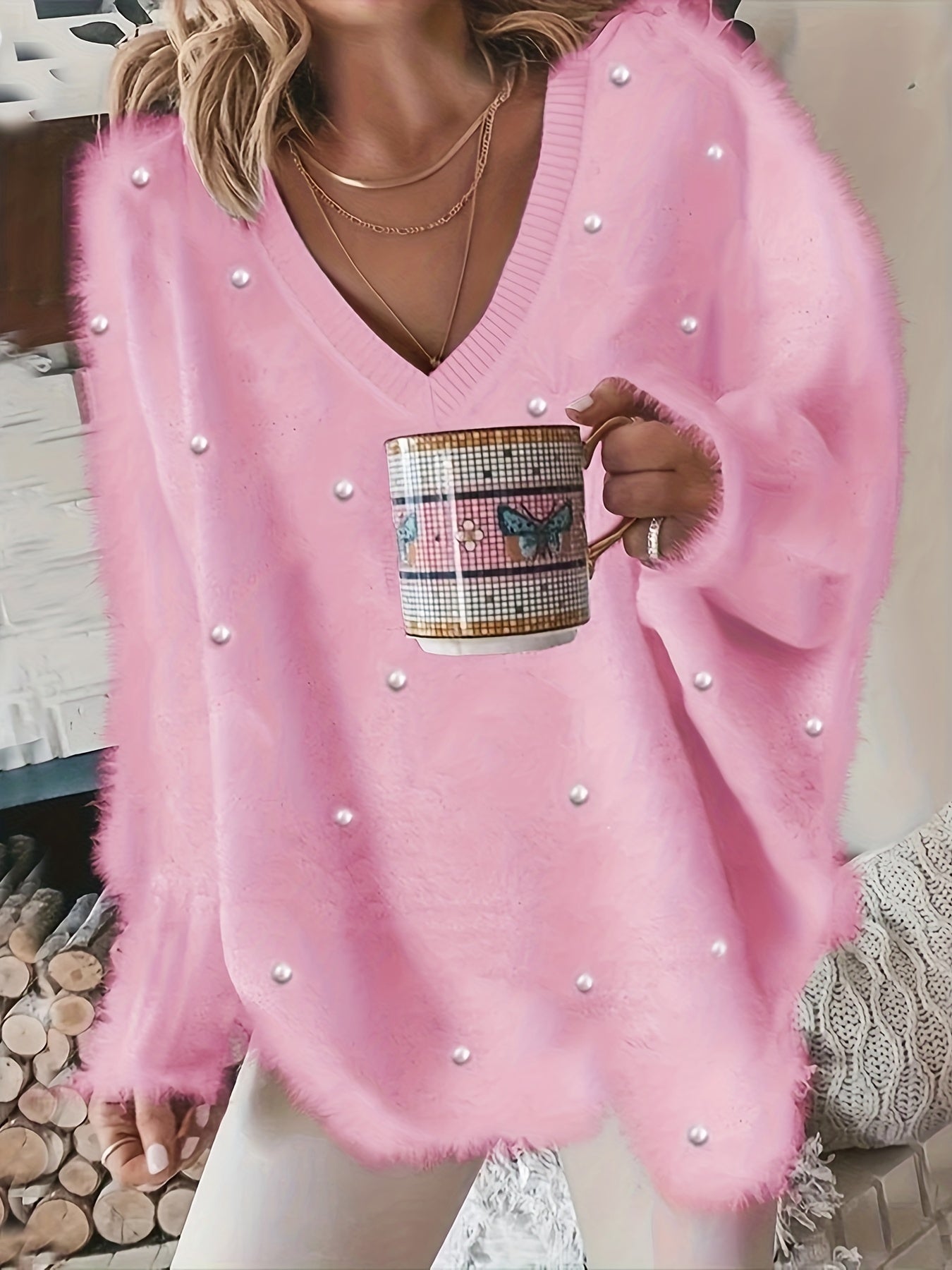 Rhinestone V Neck Fuzzy Sweater, Casual Long Sleeve Loose Sweater, Women's Clothing