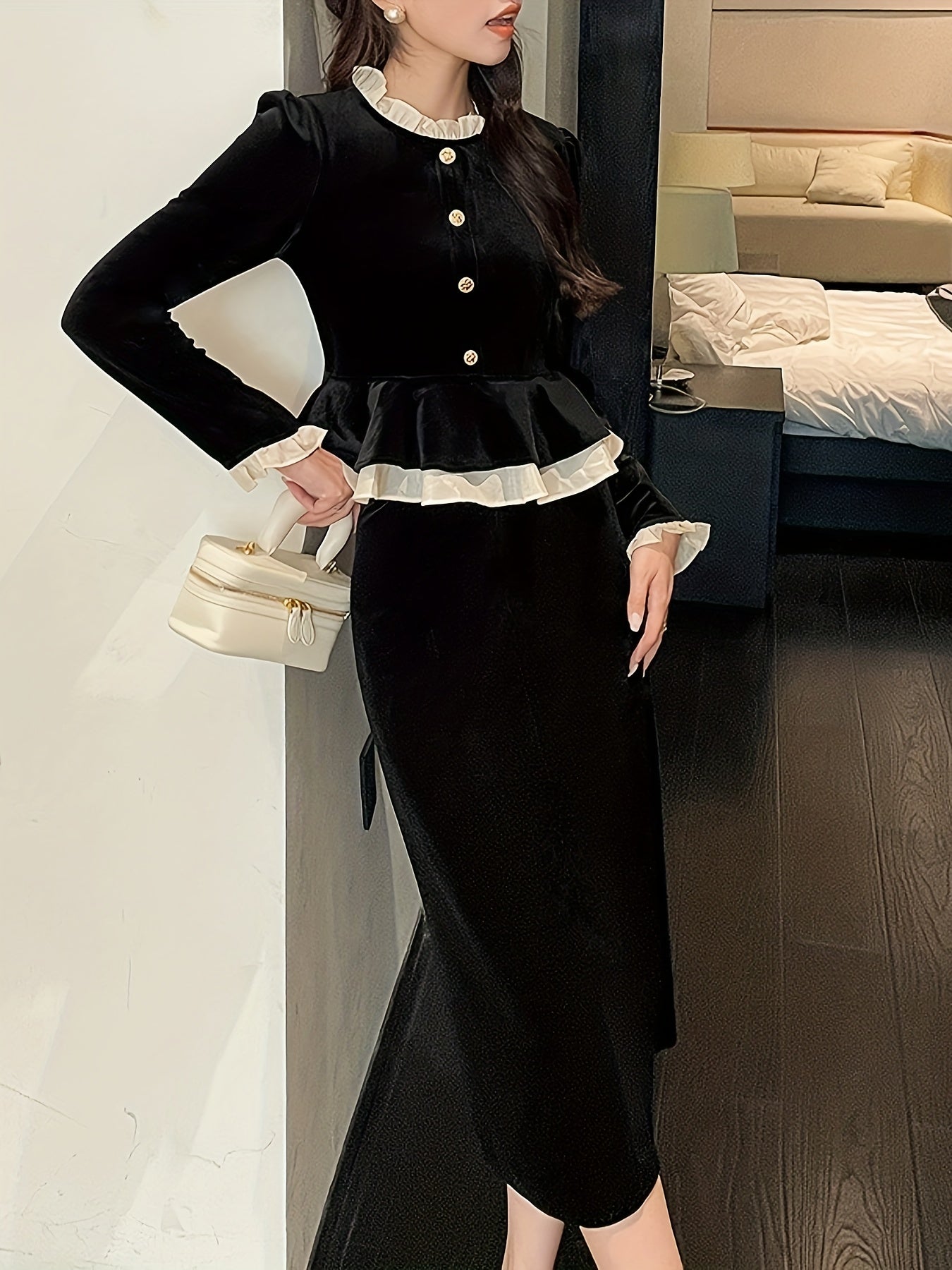 vlovelaw Elegant Velvet Two-piece Skirt Set, Contrast Trim Ruffle Trim Single Breasted Outwear & Solid Midi Skirt Outfits, Women's Clothing