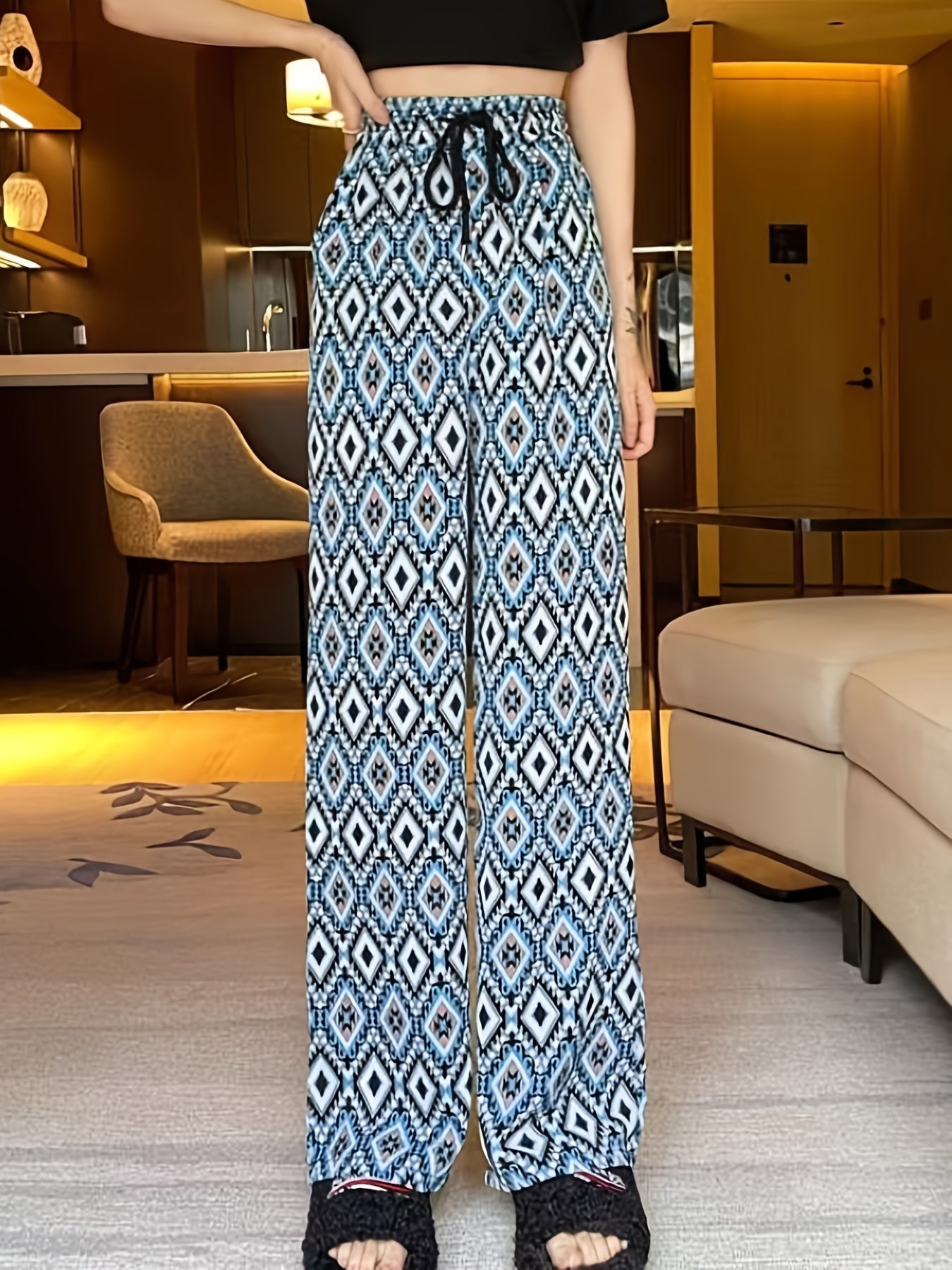 vlovelaw Aztec Print Wide Leg Pants, Casual Drawstring High Waist Elastic Draped Pants, Women's Clothing