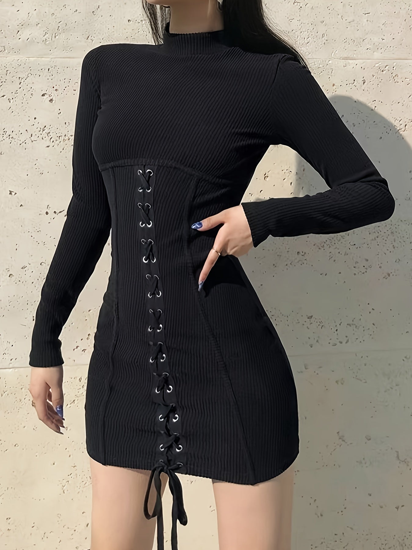 vlovelaw Bodycon Lace Up Long Sleeve Dress, Y2K Mock Neck Slim Dress, Women's Clothing
