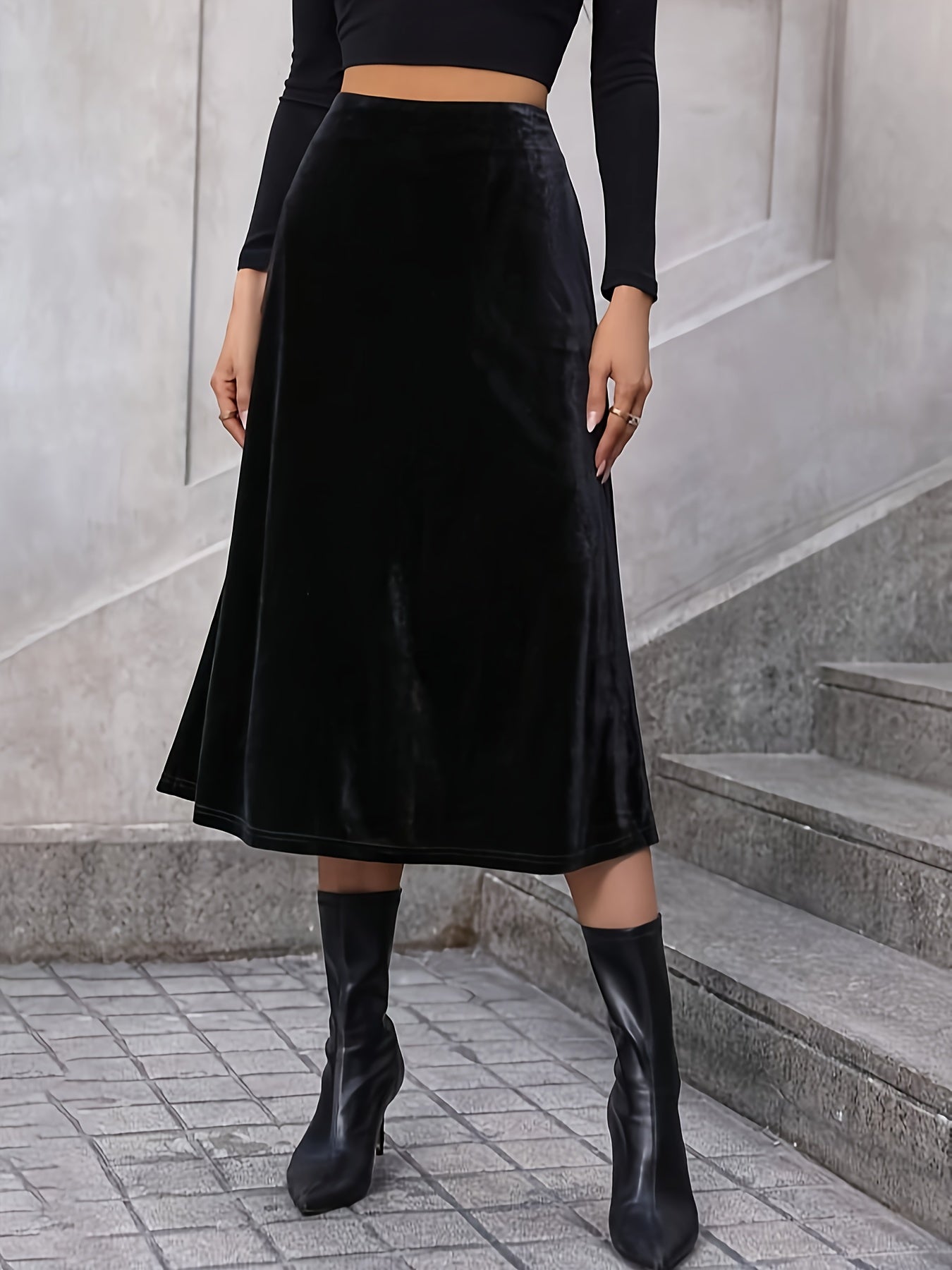 vlovelaw  Solid High Waist Velvet Skirt, Elegant A Line Midi Skirt, Women's Clothing