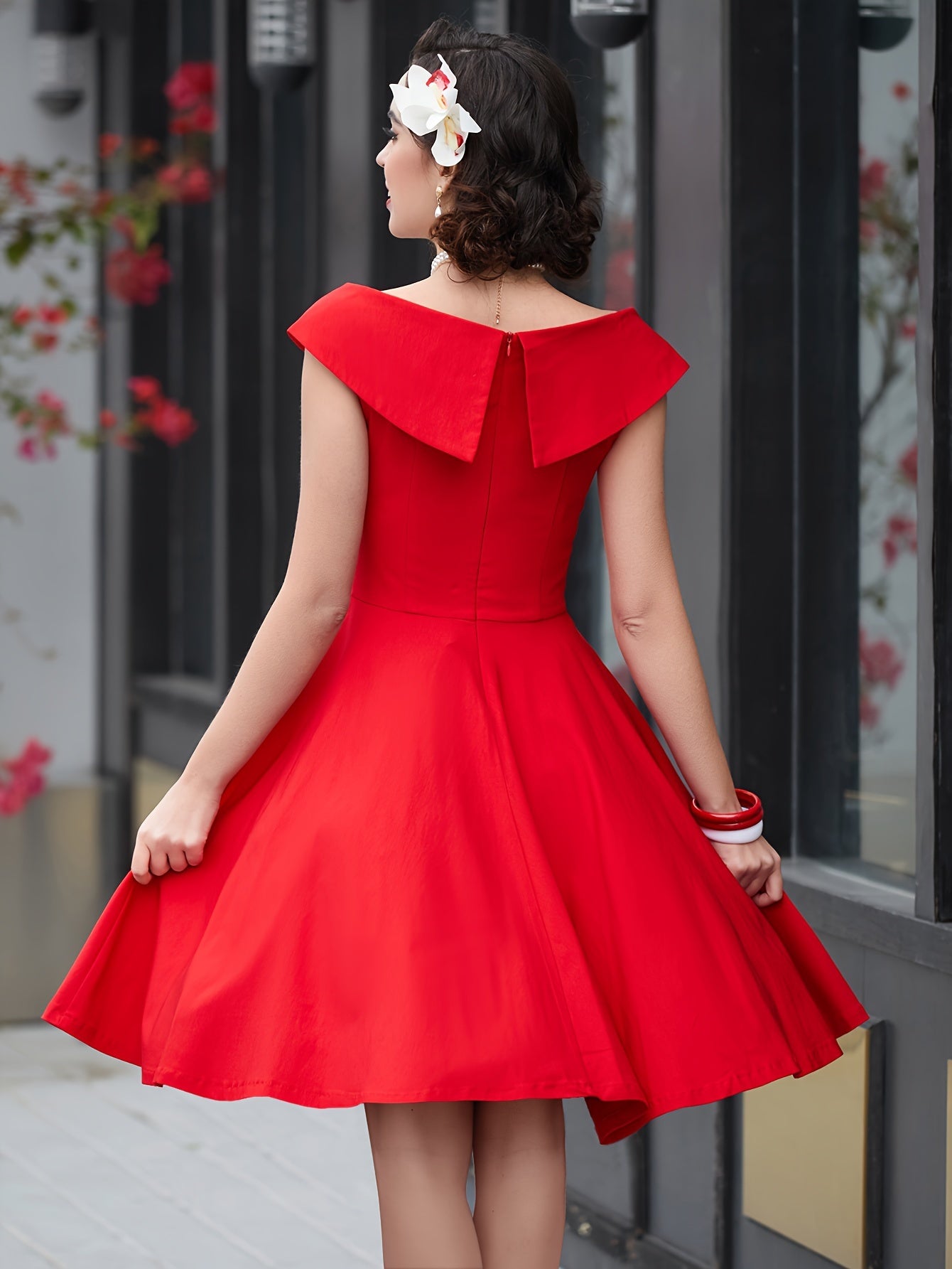 vlovelaw Solid V Neck Dress, Vintage Short Sleeve A-line Dress For Spring & Summer, Women's Clothing