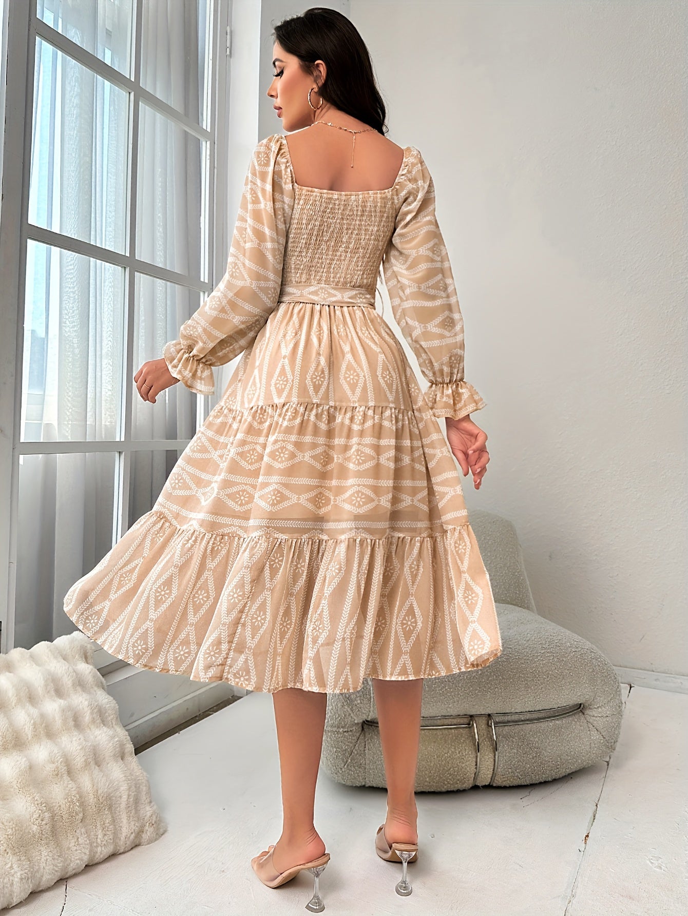 vlovelaw Argyle Print Shirred Dress, Elegant Long Sleeve Midi Party Dress, Women's Clothing