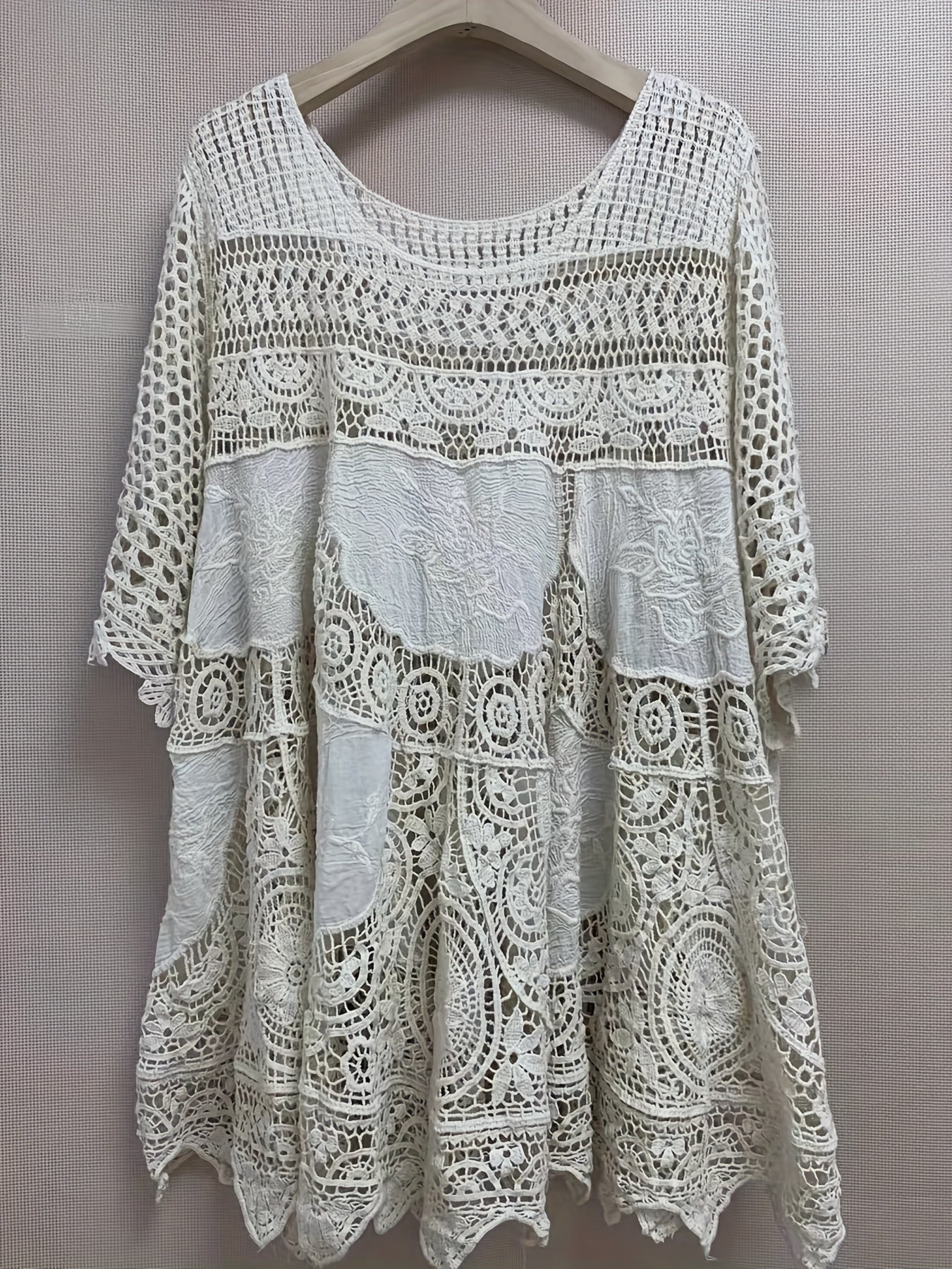 vlovelaw Crochet Cover Up Top, Casual Beach Wear Cut Out Half Sleeve Top, Women's Clothing