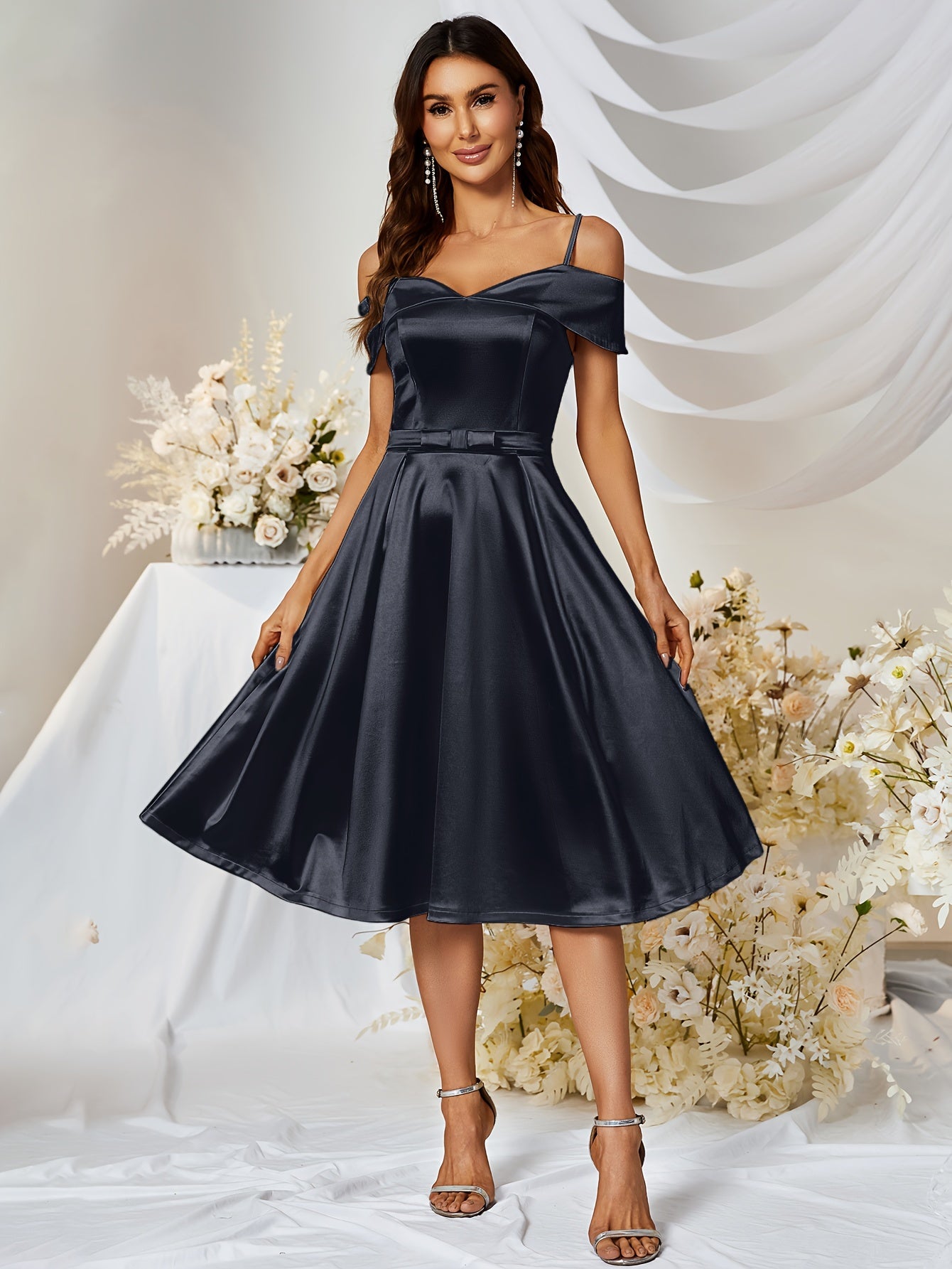 vlovelaw Cold Shoulder V Neck Dress, Elegant Strap Flare Dress For Party & Banquet, Women's Clothing