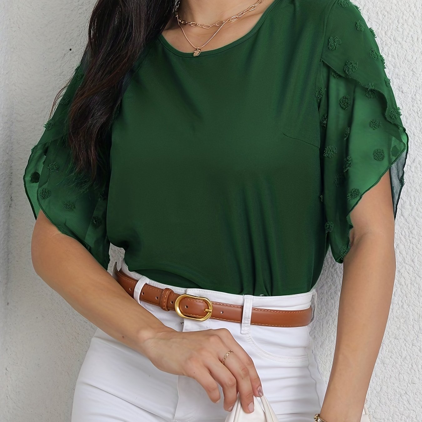 vlovelaw Swiss Dot Half Sleeve Blouse, Casual Solid Crew Neck Summer Blouse, Women's Clothing