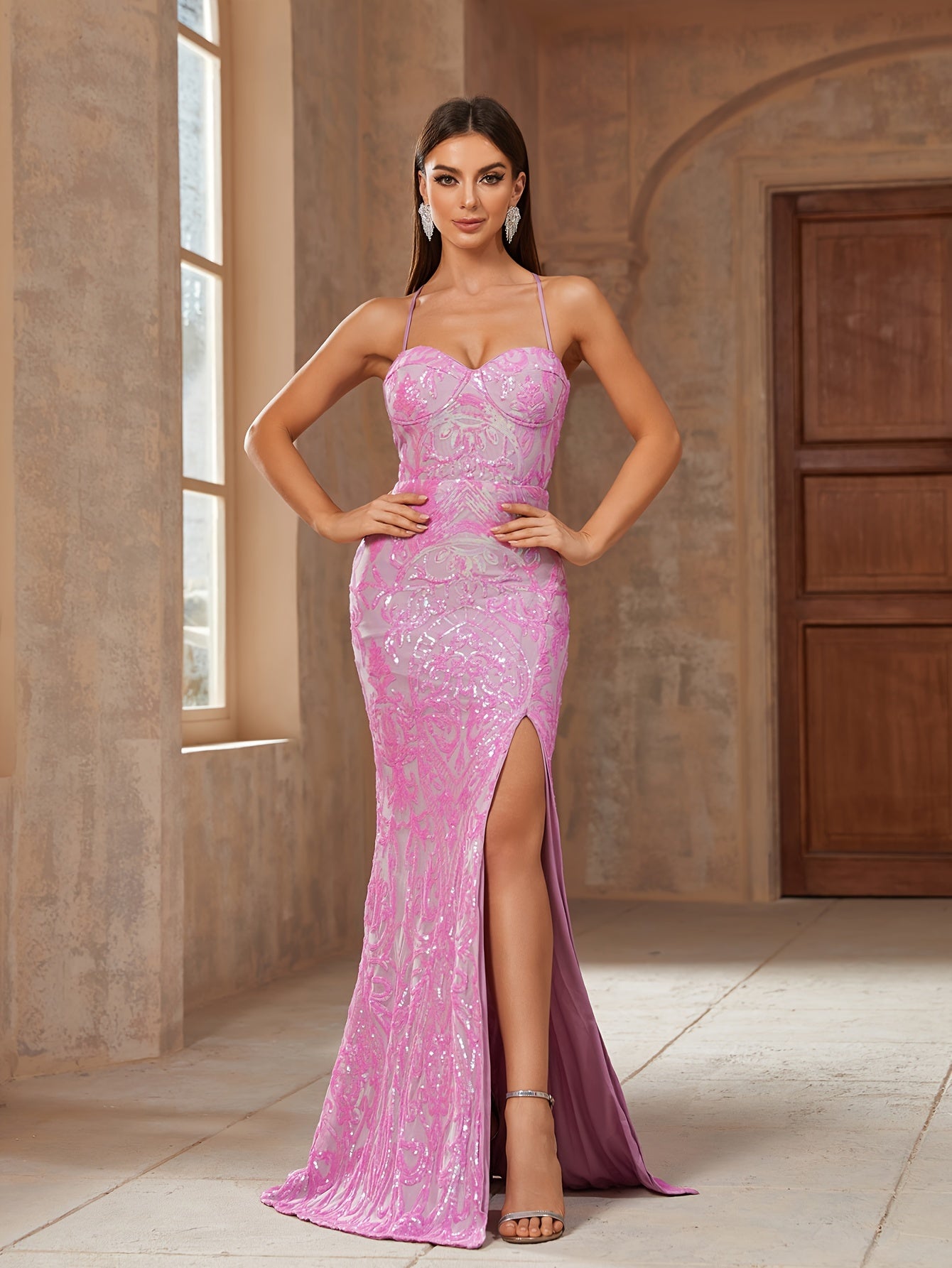vlovelaw Sequin Spaghetti Strap Dress, Elegant Backless Split Thigh Evening Dress For Party & Banquet, Women's Clothing