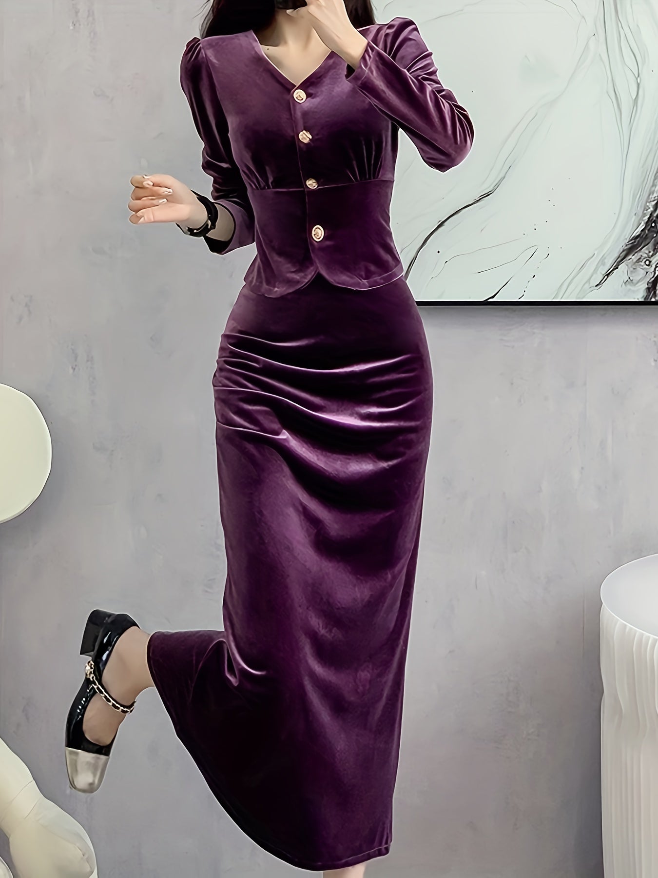vlovelaw Solid Bodycon Two-piece Set, Button Front Long Sleeve Tops & High Waist Midi Skirts Outfits, Women's Clothing