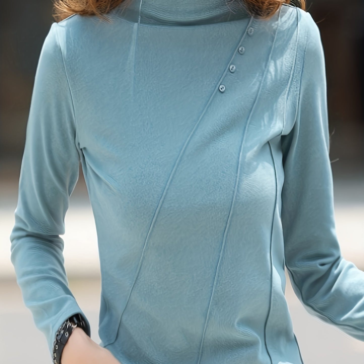 vlovelaw Button Decor Mock Neck T-Shirt, Versatile Solid Long Sleeve T-Shirt For Spring & Fall, Women's Clothing