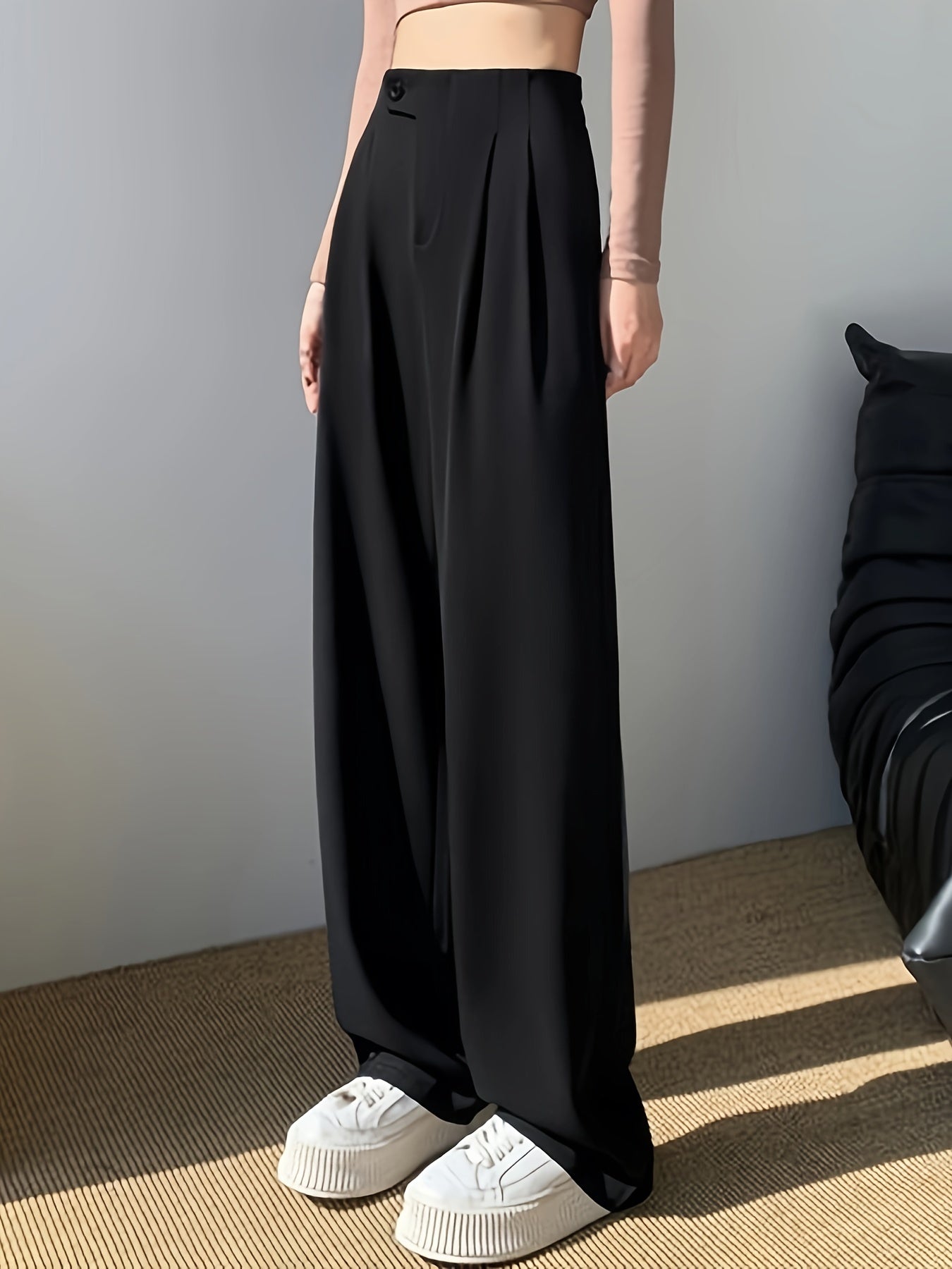 vlovelaw Solid High Waist Pants, Casual Wide Leg Button Pants, Women's Clothing