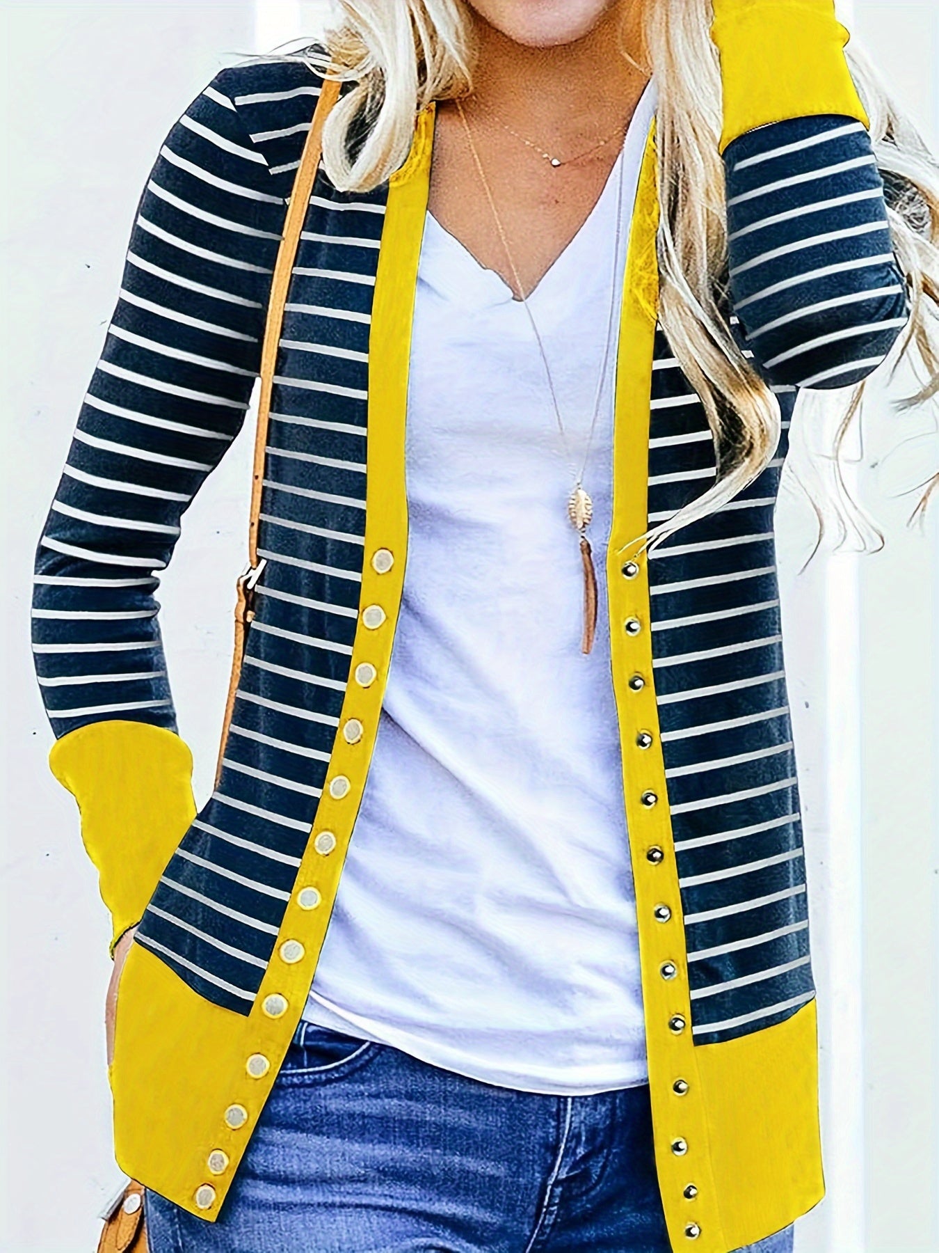 vlovelaw Striped Button Down Knit Cardigan, Casual V Neck Long Sleeve Cardigan For Spring & Fall, Women's Clothing