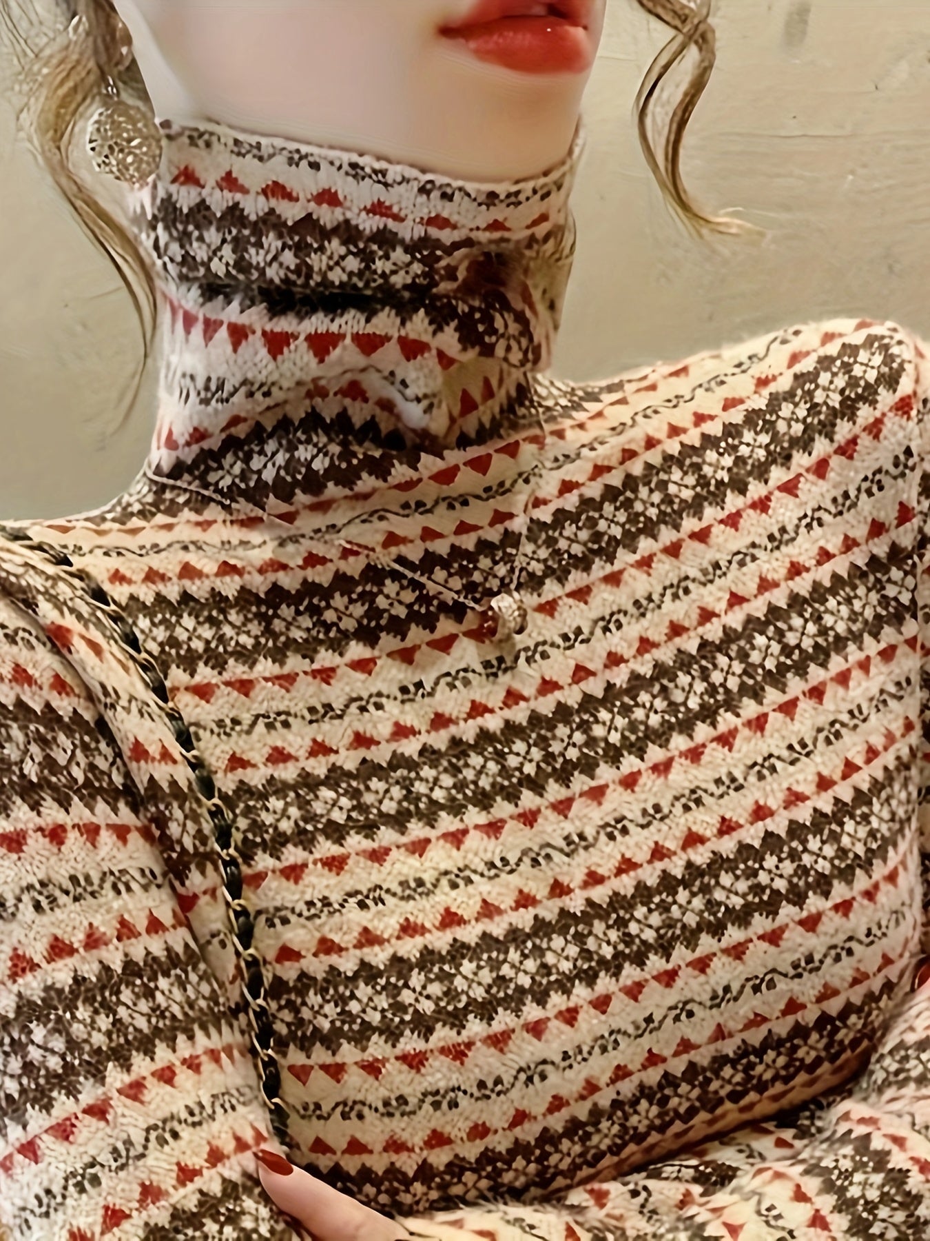 vlovelaw Geometric Pattern Knitted Pullover Sweater, Casual Turtleneck Long Sleeve Top For Fall & Winter, Women's Clothing