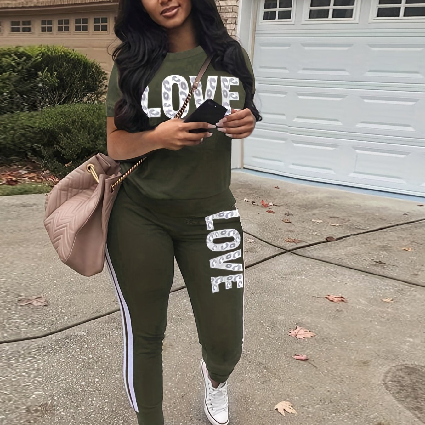 Casual Letter Print Two-piece Set, Short Sleeve T-shirt & Side Striped Pants Outfits, Women's Clothing