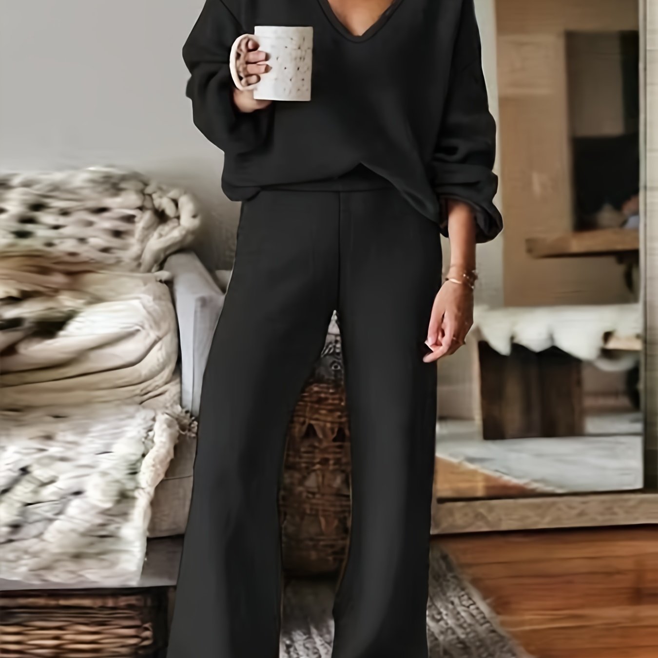 vlovelaw Casual Solid Two-piece Set, V Neck Long Sleeve Top & Wide Leg Pants Outfits, Women's Clothing