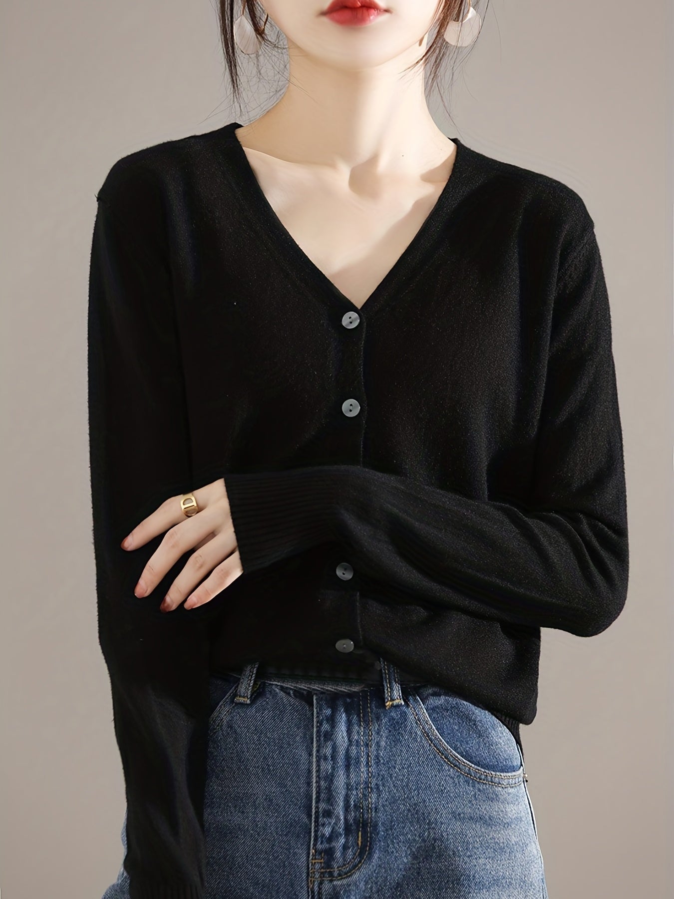Elegant V-neck Solid Cardigan, Long Sleeve Cardigan For Spring & Fall, Women's Clothing