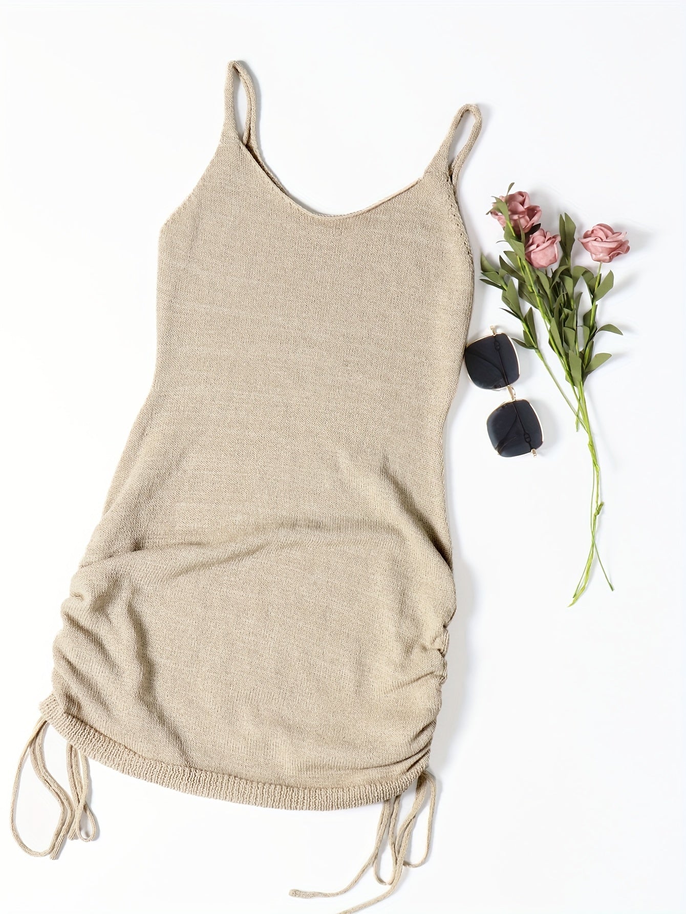 vlovelaw Drawstring Backless Dress, Casual Spaghetti Strap Solid Dress, Women's Clothing