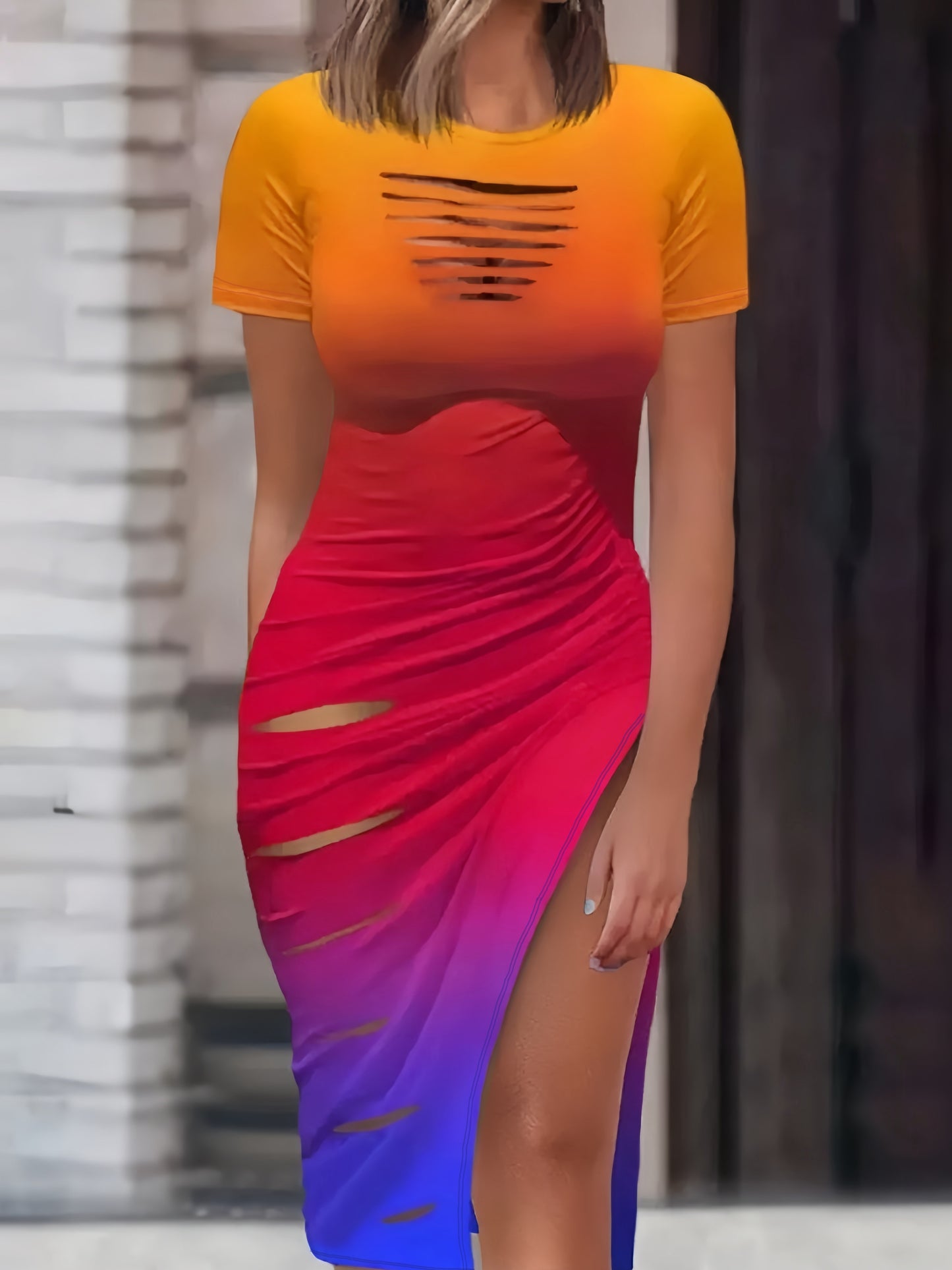 vlovelaw Cut Out Drawstring Dress, Sexy Bodycon Split Short Sleeve Dress, Women's Clothing
