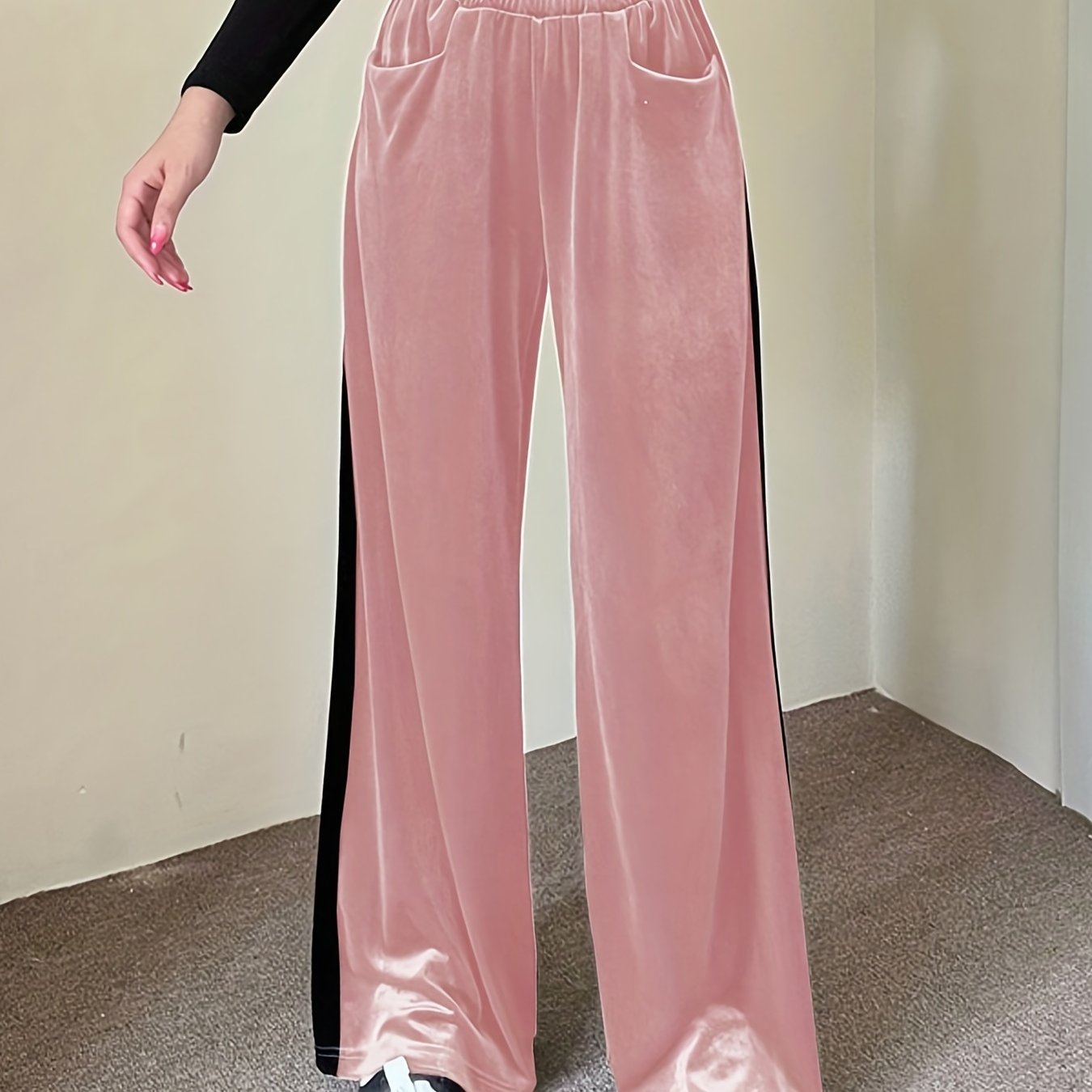 Velvet High Waist Pants, Casual Elastic Wide Leg Draped Pants With Pockets, Women's Clothing