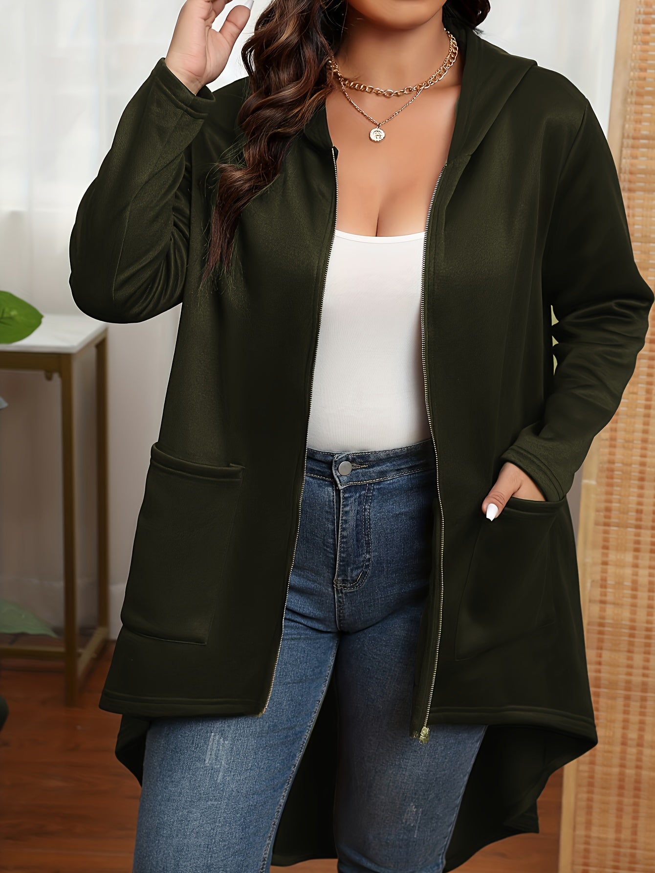 vlovelaw Plus Size Casual Coat, Women's Plus Solid Zip Up Long Sleeve Asymmetrical Hem Hooded Tunic Coat With Pockets
