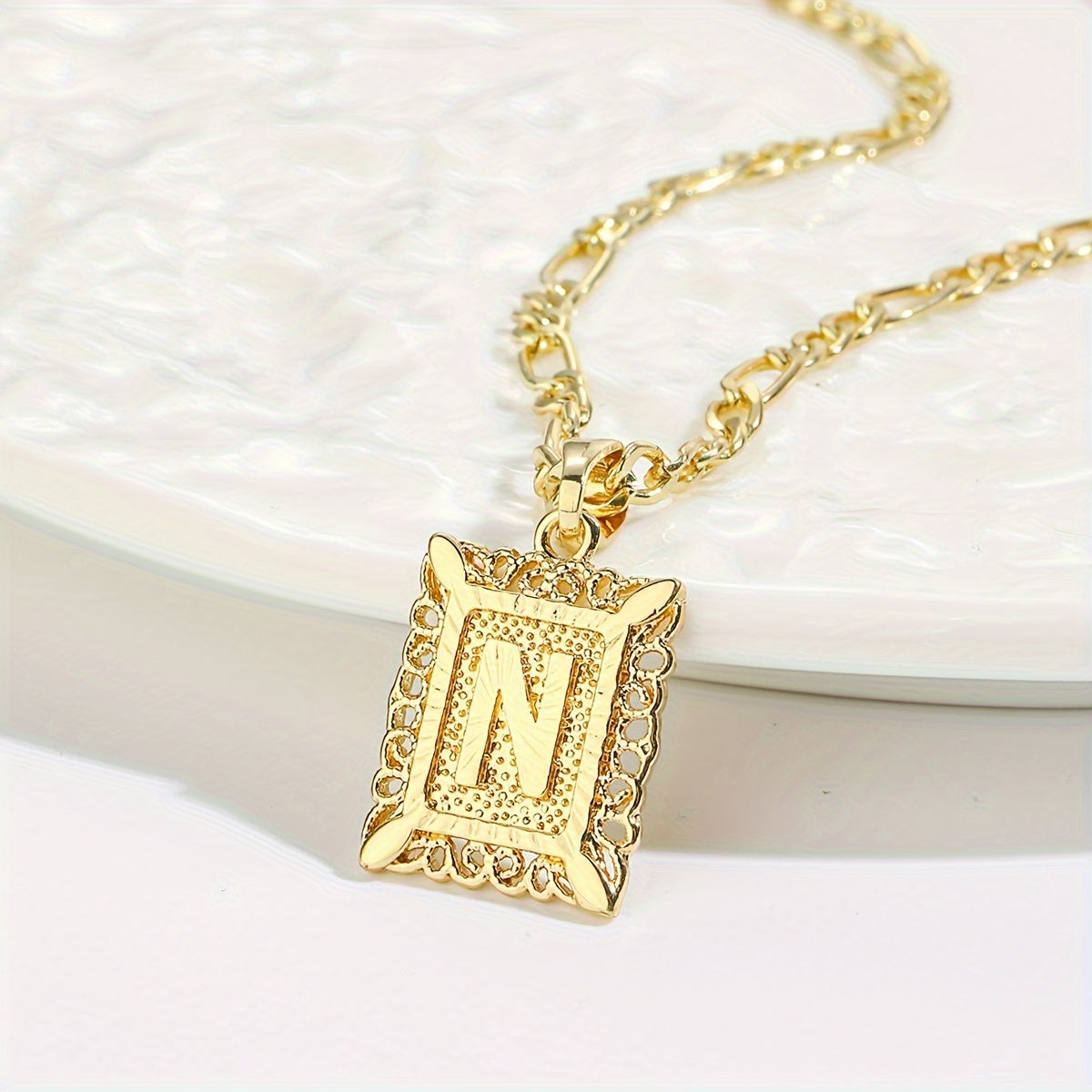 18K Gold Plated Square Monogram Pendant Necklace - Fashionable Personalized Alphabet Letter A-Z Figaro Chain Necklace for Men and Women - Copper Material, No Magnetic, No Mosaic, Plating-Free, Stylish Jewelry for Any Occasion