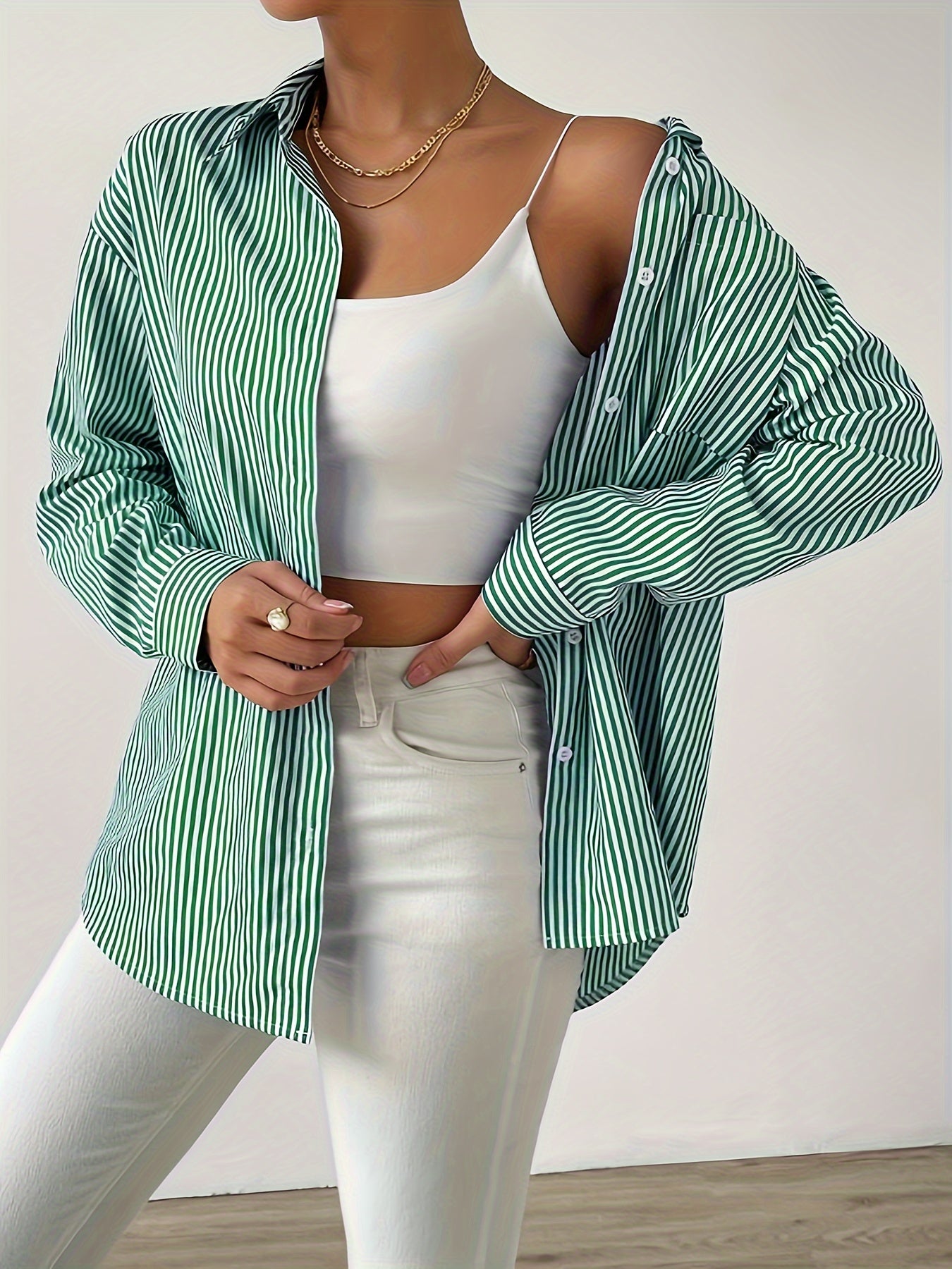 Striped Button Front Shirt, Casual Long Sleeve Lapel Shirt, Women's Clothing