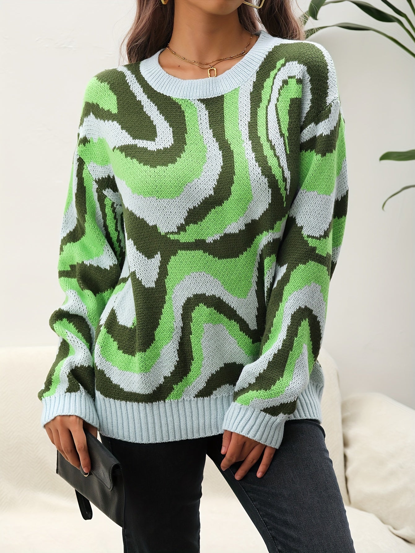 vlovelaw Tie Dye Crew Neck Knitted Pullover Sweater, Casual Long Sleeve Sweater For Fall & Winter, Women's Clothing