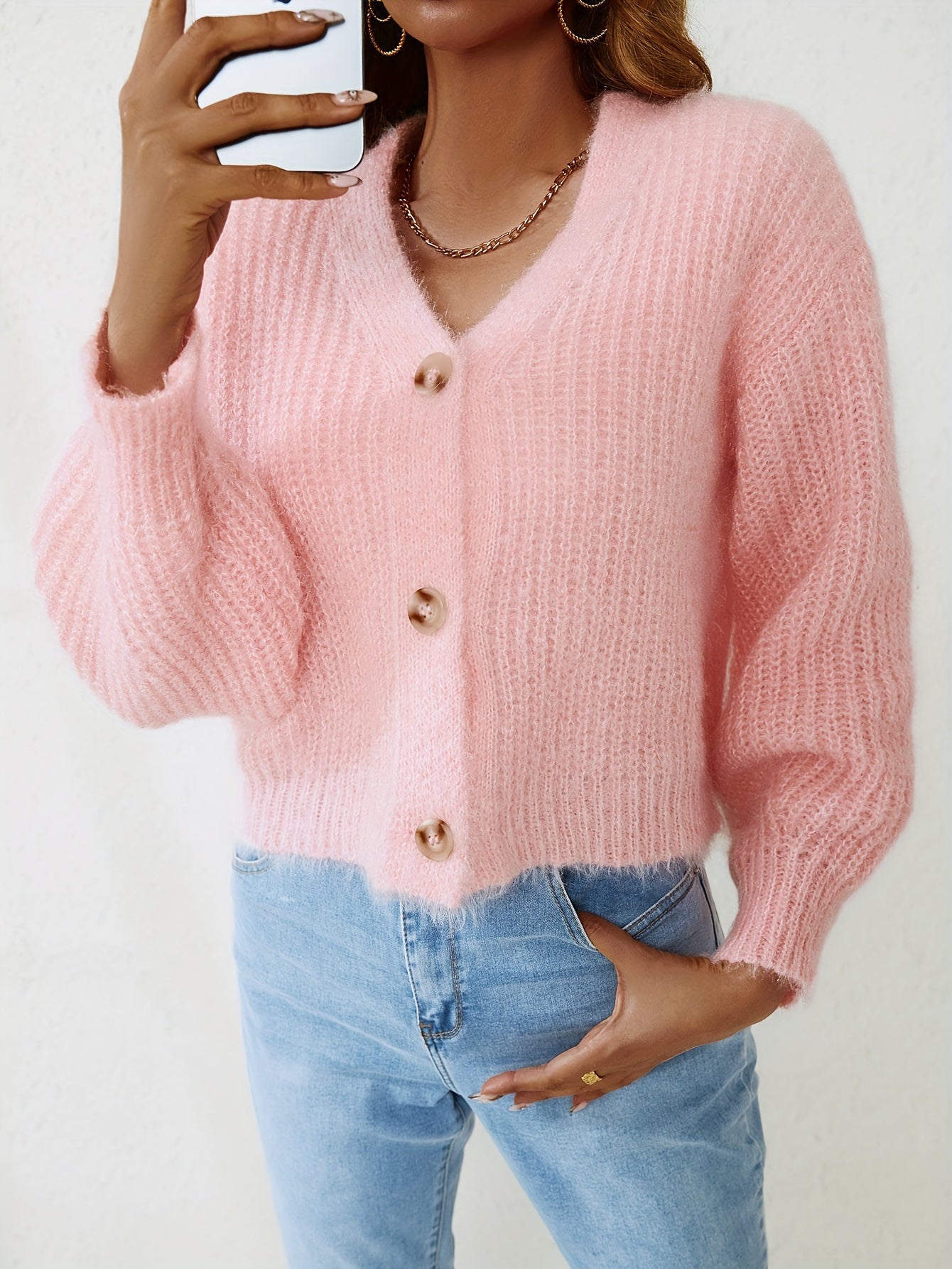 vlovelaw Solid Button Up Knit Cardigan, Cute V Neck Long Sleeve Sweater, Women's Clothing