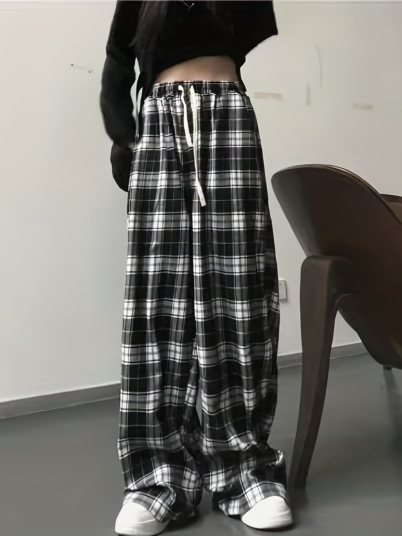 vlovelaw Plaid Drawstring Straight Leg Pants, Casual Loose Pants For Spring & Fall, Women's Clothing