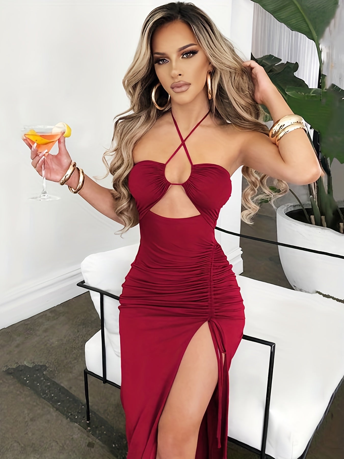 vlovelaw Solid Ruffled Split Off Shoulder Dress, Nightclub Sexy Bag Hip Drawstring Slim Dress, Women's Clothing