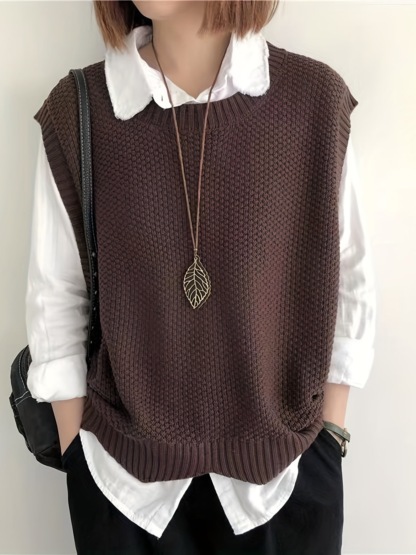 vlovelaw vlovelaw Solid Crew Neck Sweater Vest, Casual Sleeveless Vest For Spring & Fall, Women's Clothing