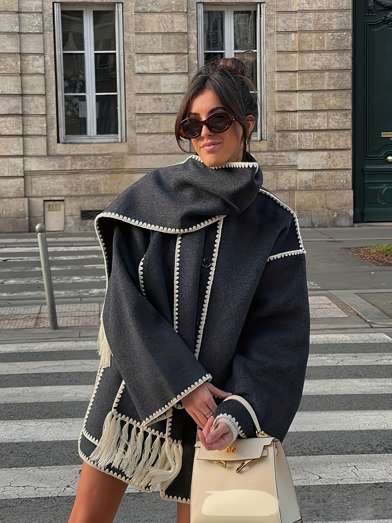 vlovelaw Contrast Trim Tassel Coat, Elegant Long Sleeve Button Front Outerwear, Women's Clothing