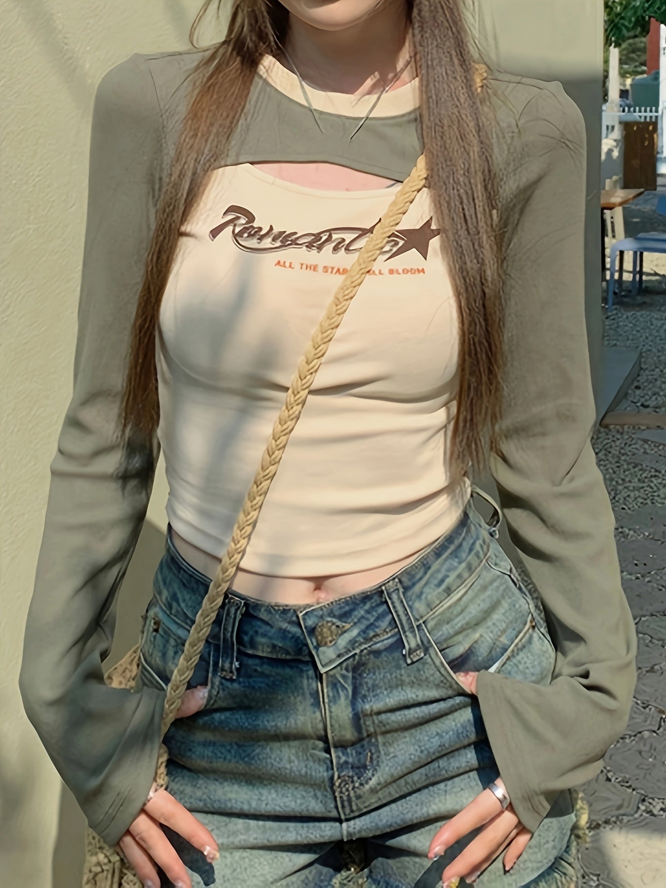 Star & Letter Print Cut Out T-Shirt, Casual Color Block Crew Neck Long Sleeve Top, Women's Clothing