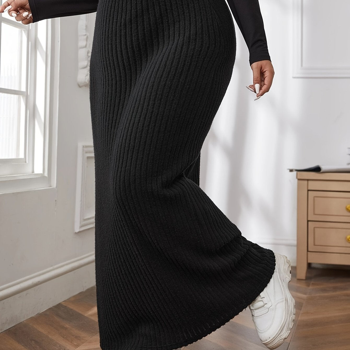 vlovelaw Plus Size Solid Ribbed Slim Skirt, Casual Every Day Elastic Waist Ankle Skirt, Women's Plus Size Clothing