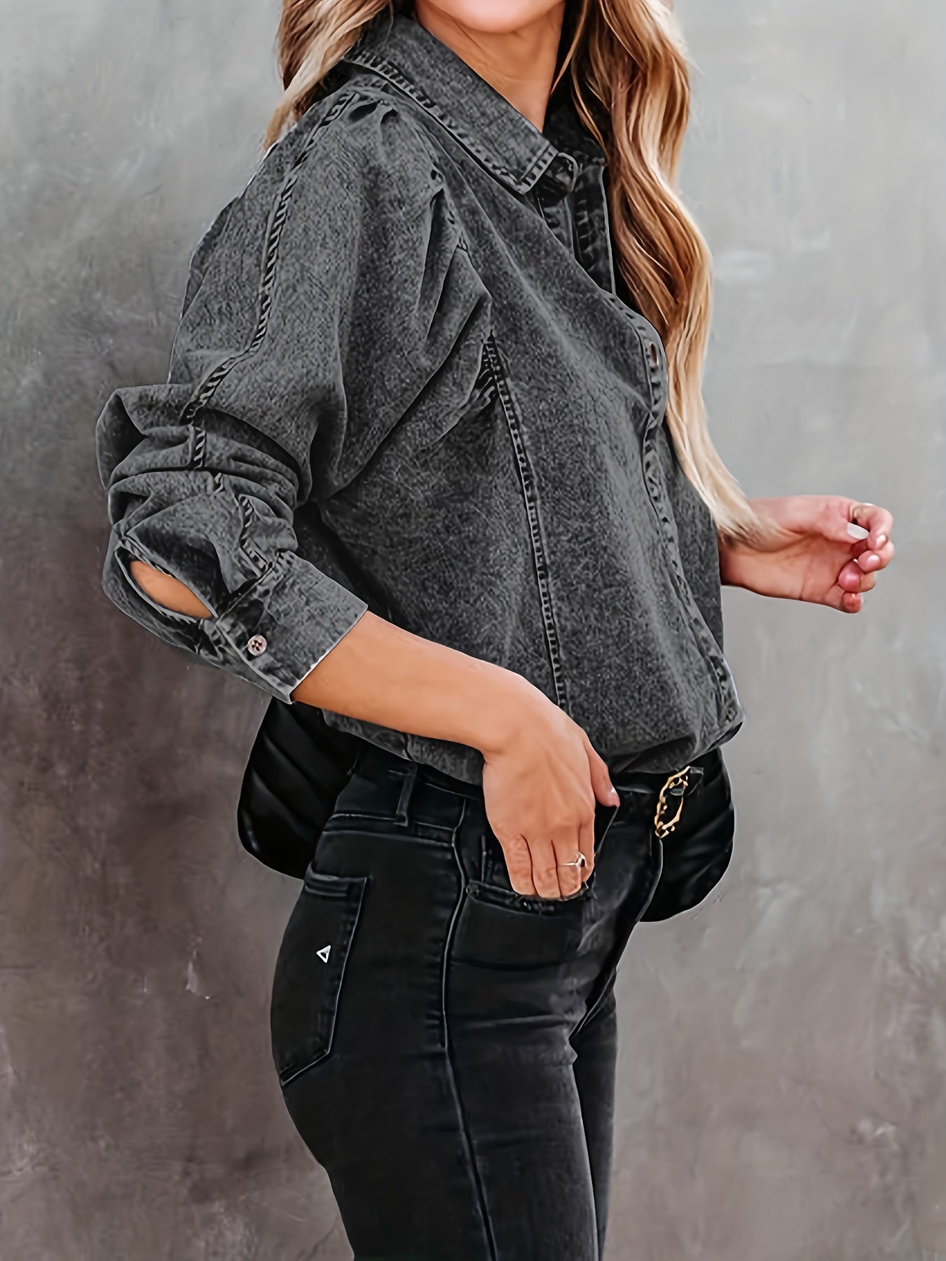 Long Sleeves Lapel Denim Shirt, Single-Breasted Button Versatile Denim Top, Women's Denim Clothing