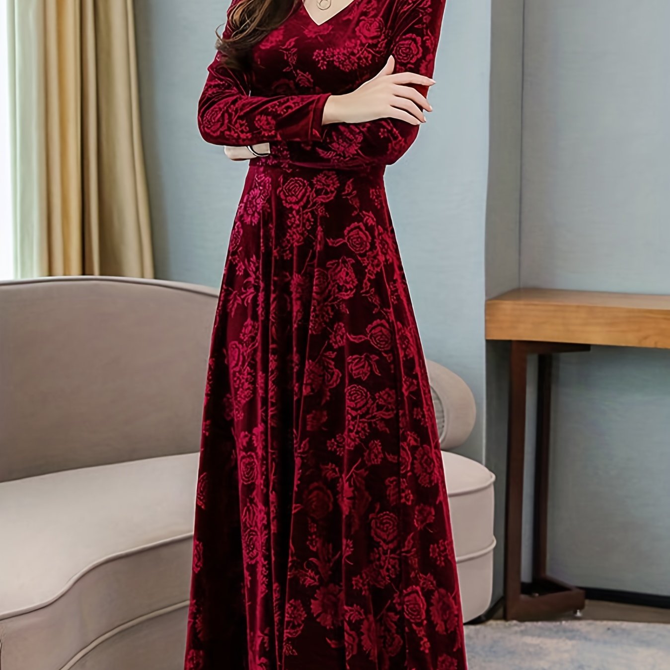 vlovelaw Floral Pattern Maxi Dress, Elegant V Neck Long Sleeve Dress, Women's Clothing