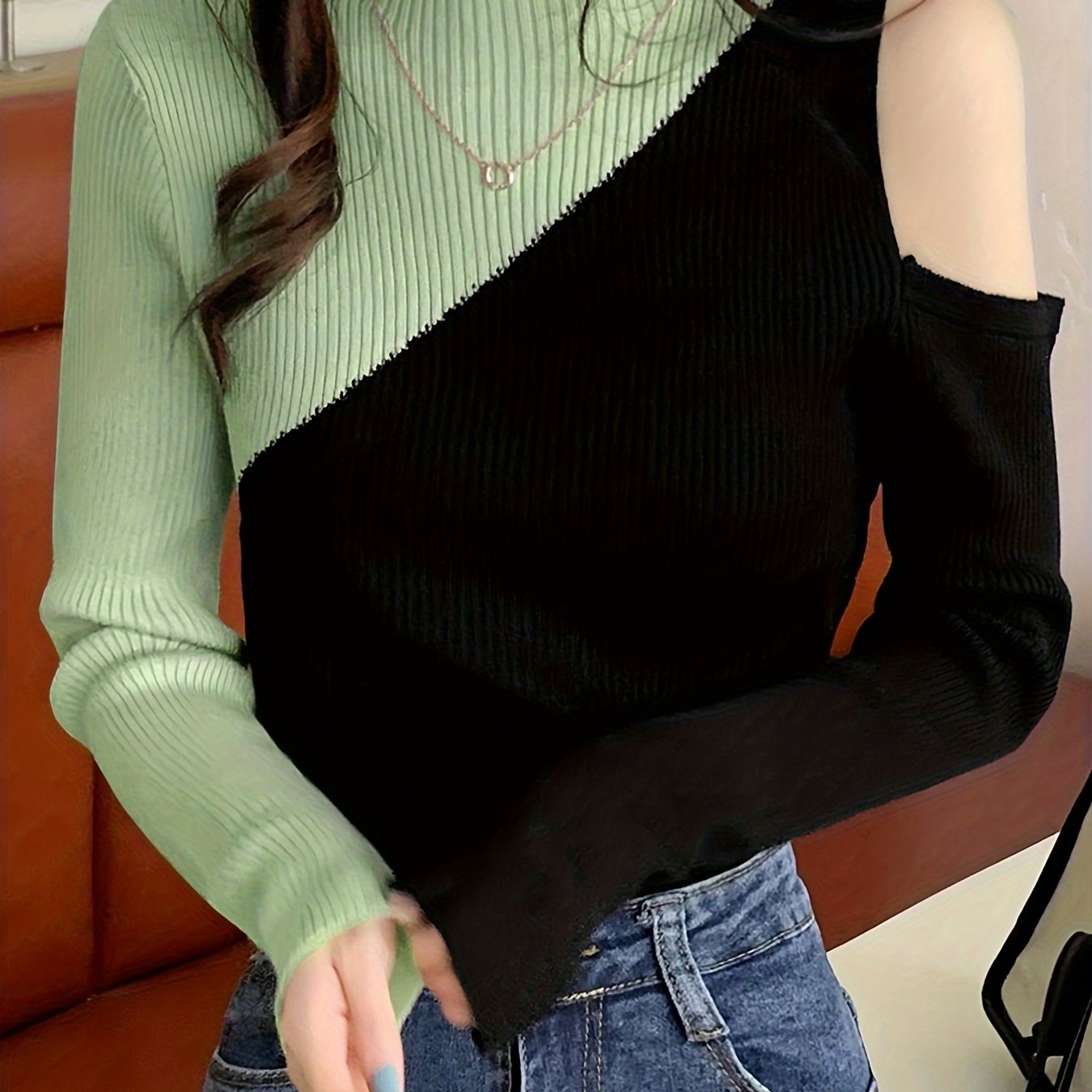 vlovelaw Color Block Pullover Sweater, Casual Cold Shoulder Mock Neck Long Sleeve Top, Women's Clothing